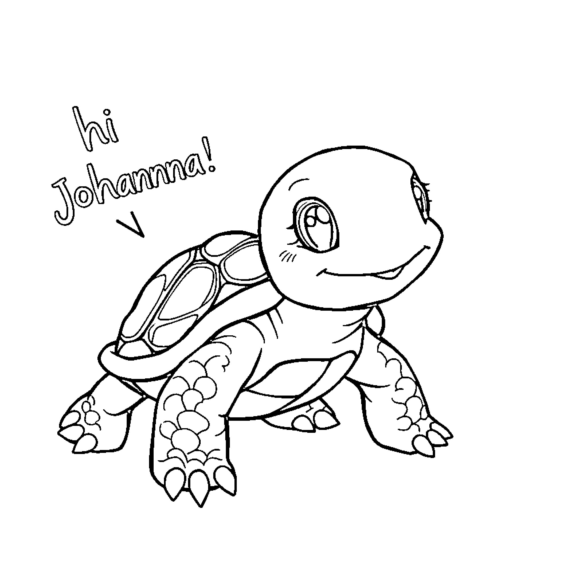 Turtle saying hello to Johanna Coloring Page (free black-and-white line drawing printable PDF for all, from beginners to advanced learners, including children, teens, adults, and seniors)