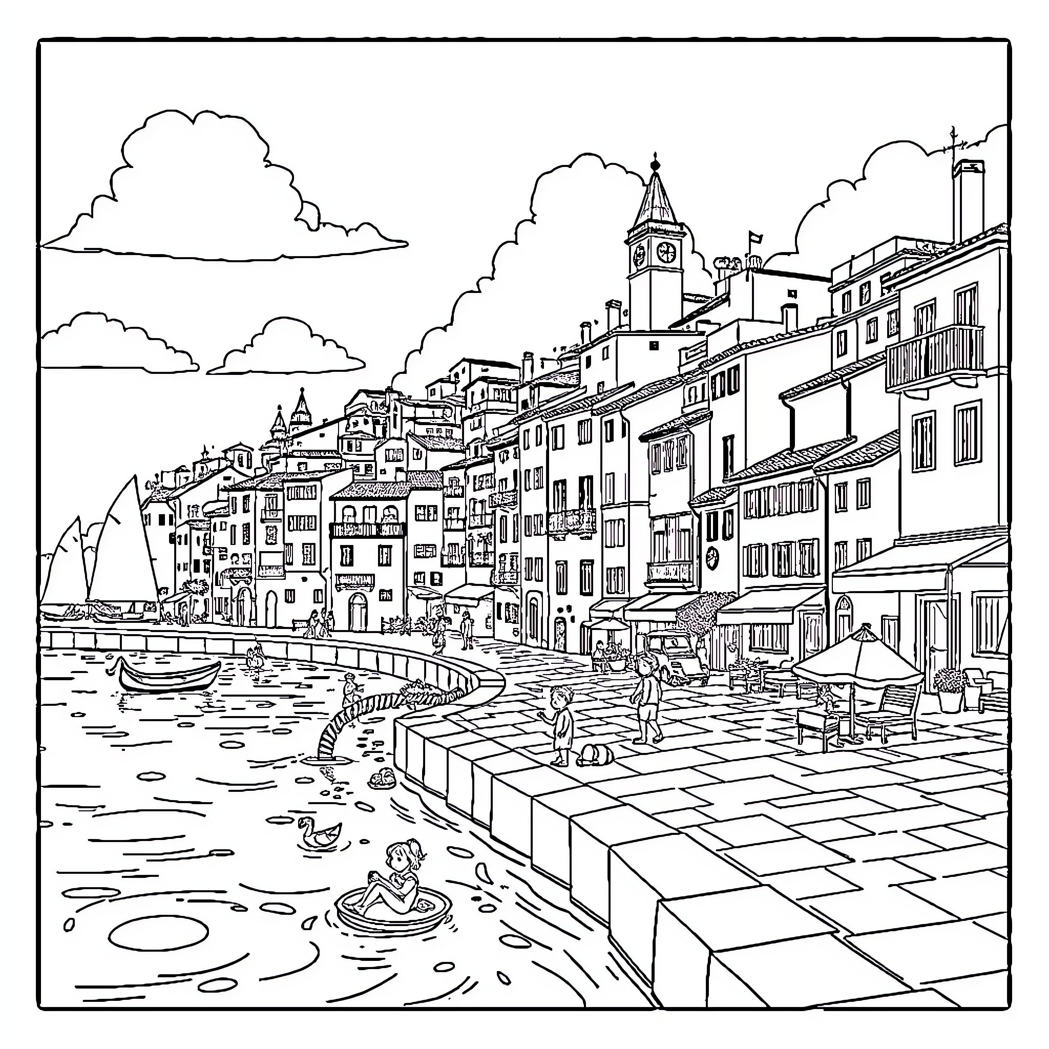 Luca exploring the colorful coastal town Coloring Page (free black-and-white line drawing printable PDF for all, from beginners to advanced learners, including children, teens, adults, and seniors)