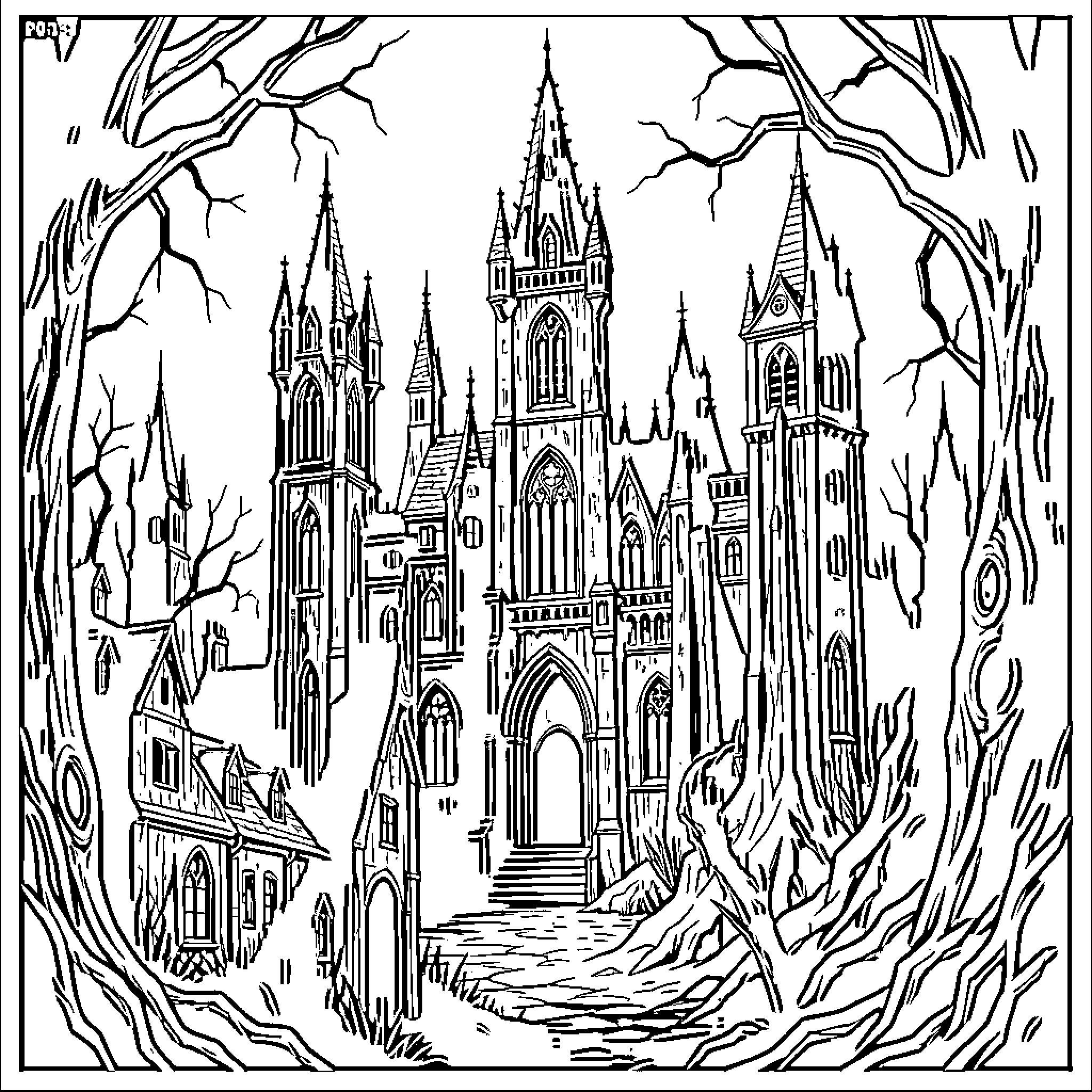 Gothic Cathedral in a Desolate Landscape Coloring Page (free black-and-white line drawing printable PDF for all, from beginners to advanced learners, including children, teens, adults, and seniors)