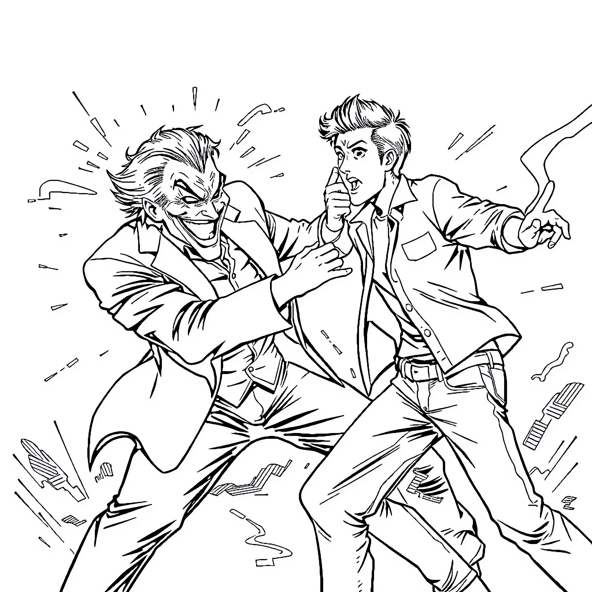 Joker's Mischievous Antics with Unsuspecting Companion Coloring Page (free black-and-white line drawing printable PDF for all, from beginners to advanced learners, including children, teens, adults, and seniors)