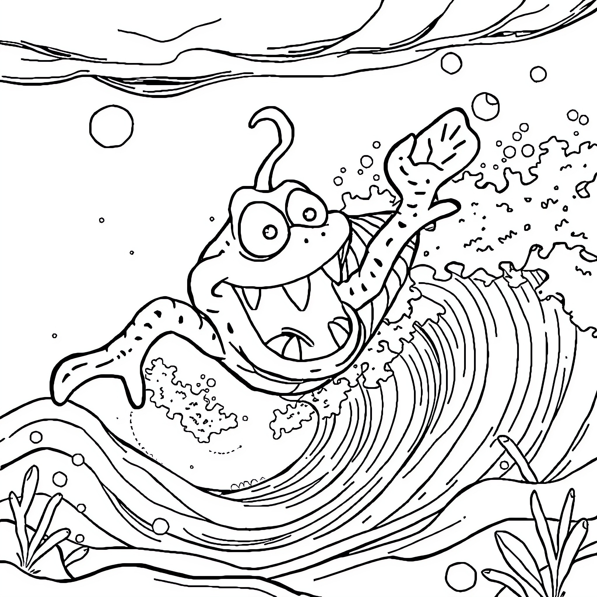 Creature Swimming in Wavy Underwater Scene Coloring Page (free black-and-white line drawing printable PDF for all, from beginners to advanced learners, including children, teens, adults, and seniors)