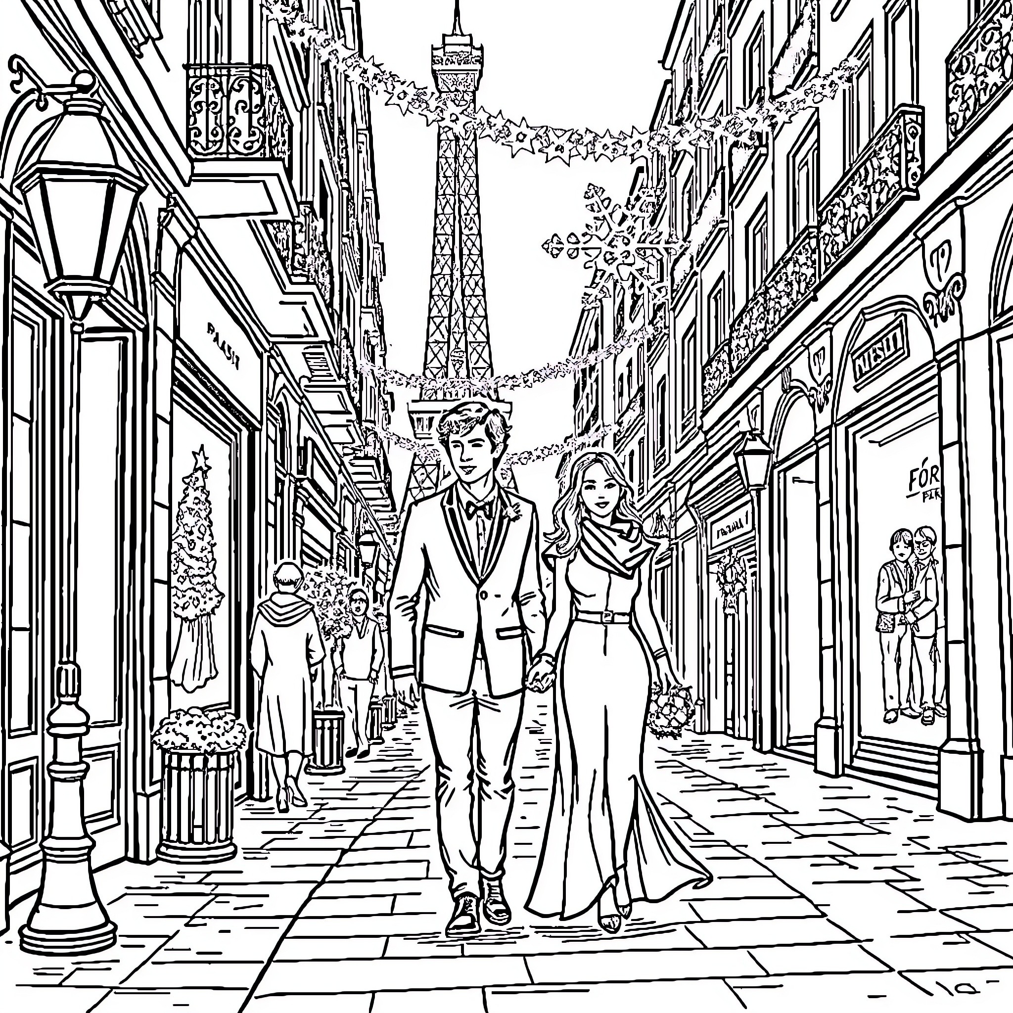 Couple walking through Paris street Coloring Page (free black-and-white line drawing printable PDF for all, from beginners to advanced learners, including children, teens, adults, and seniors)