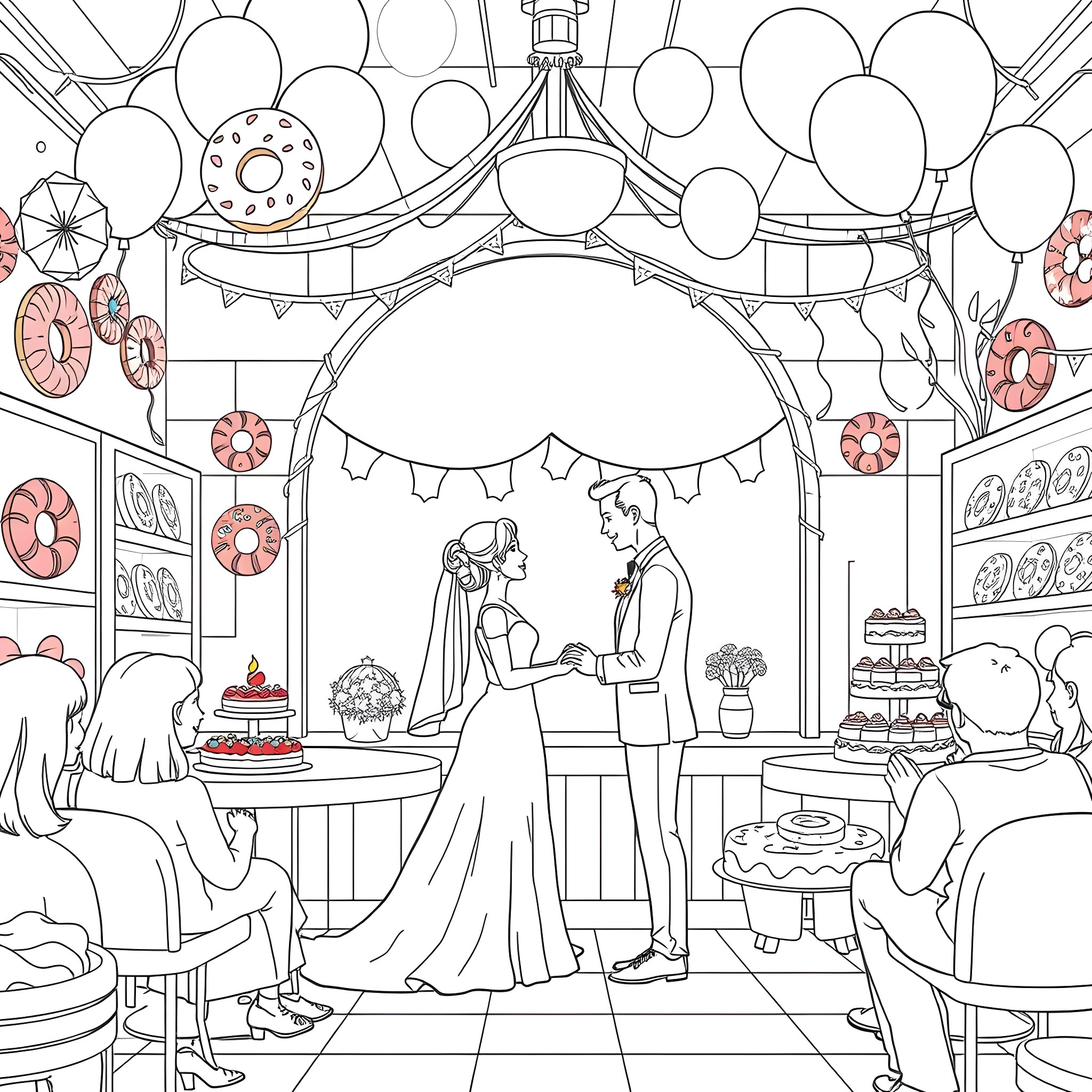 Wedding Celebration with Colorful Decorations Coloring Page (free black-and-white line drawing printable PDF for all, from beginners to advanced learners, including children, teens, adults, and seniors)