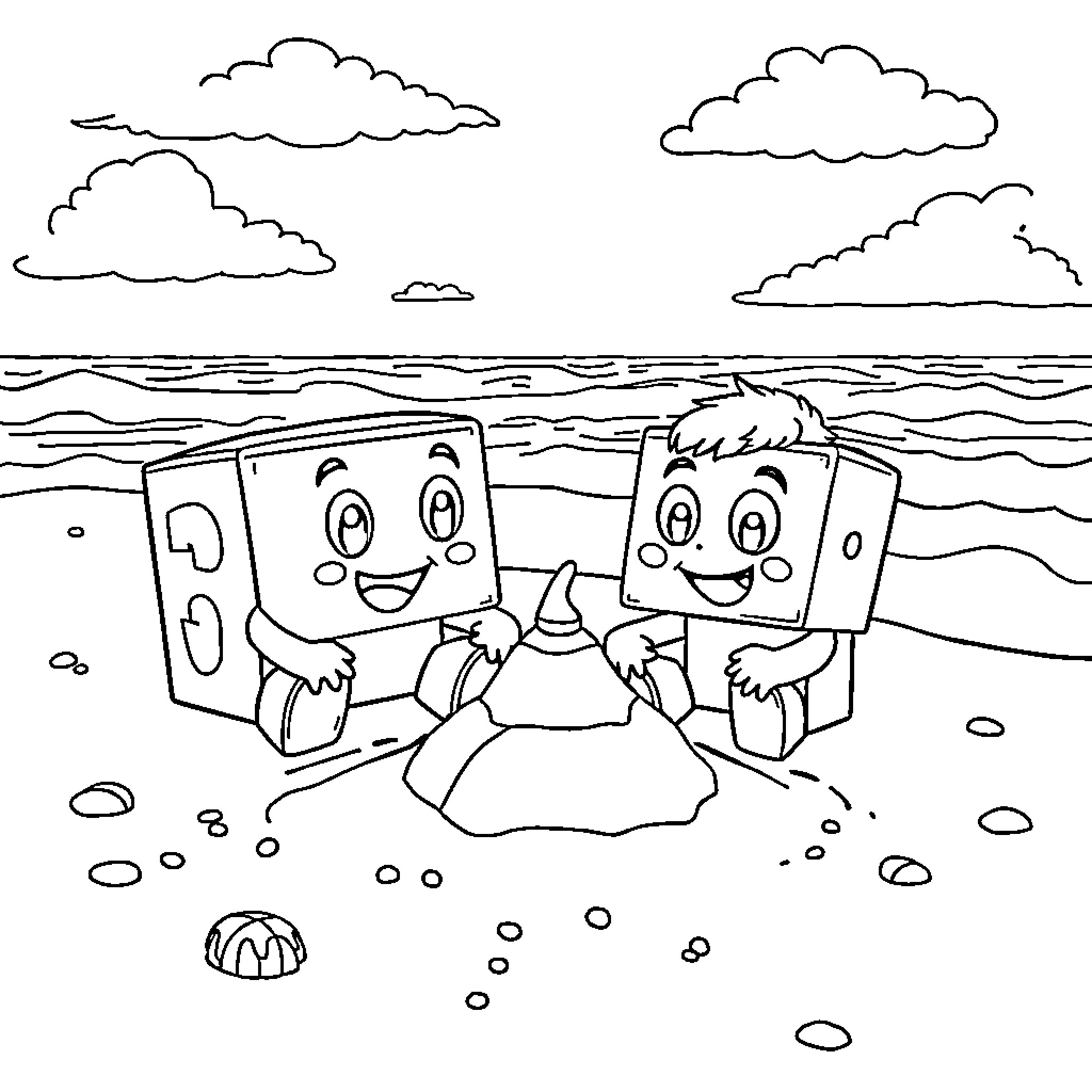 Numberblocks enjoying a day at the beach Coloring Page (free black-and-white line drawing printable PDF for all, from beginners to advanced learners, including children, teens, adults, and seniors)