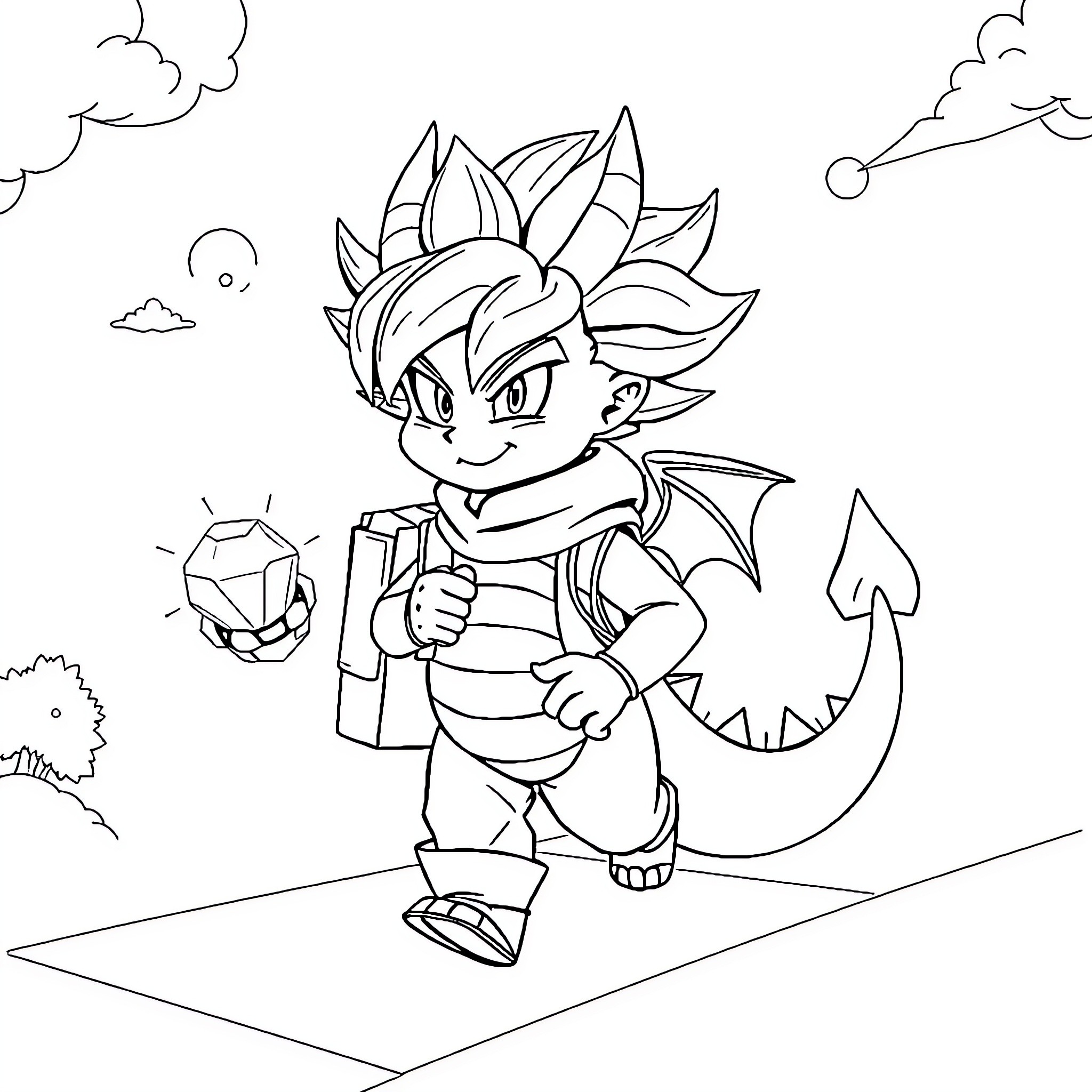 Dragon Ball Warrior Holding Crystal Ball Coloring Page (free black-and-white line drawing printable PDF for all, from beginners to advanced learners, including children, teens, adults, and seniors)