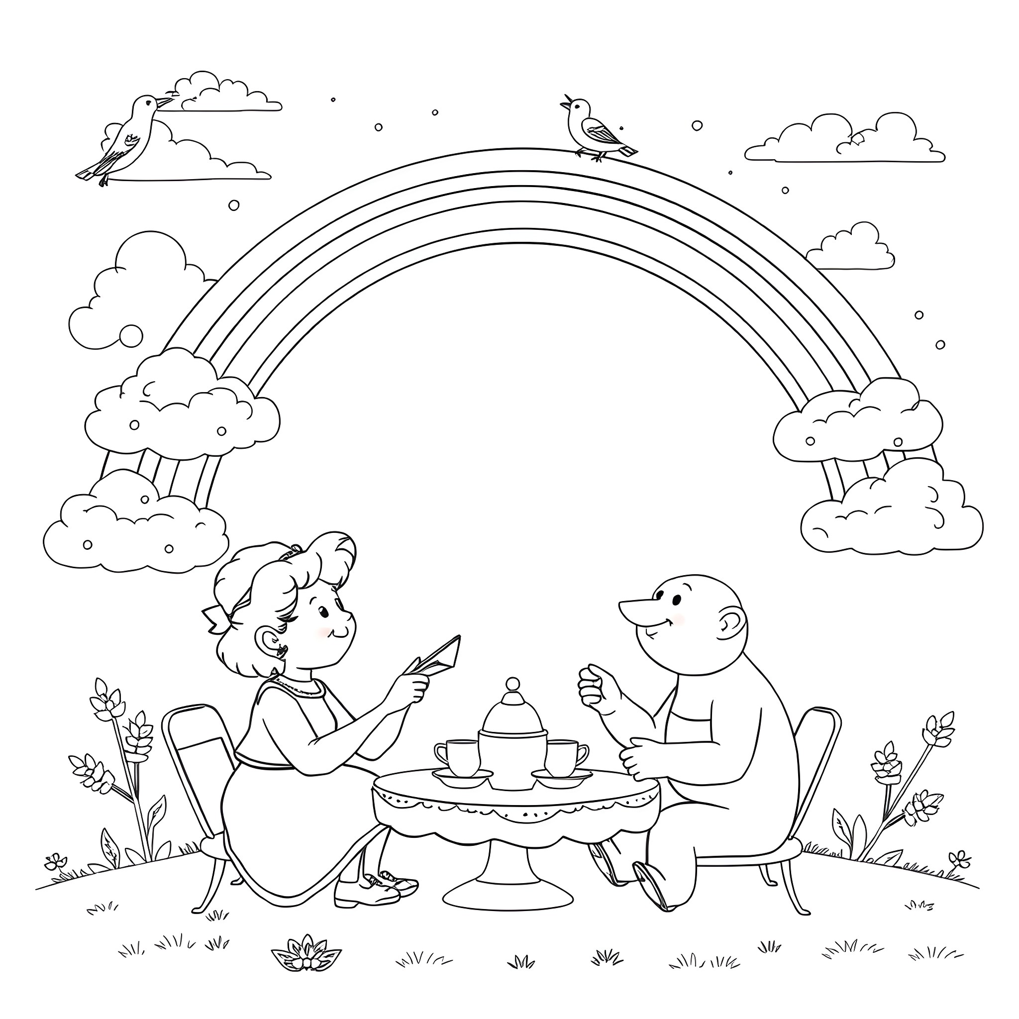 Cecil Stedman enjoying tea party with furry friend under rainbow Coloring Page (free black-and-white line drawing printable PDF for all, from beginners to advanced learners, including children, teens, adults, and seniors)
