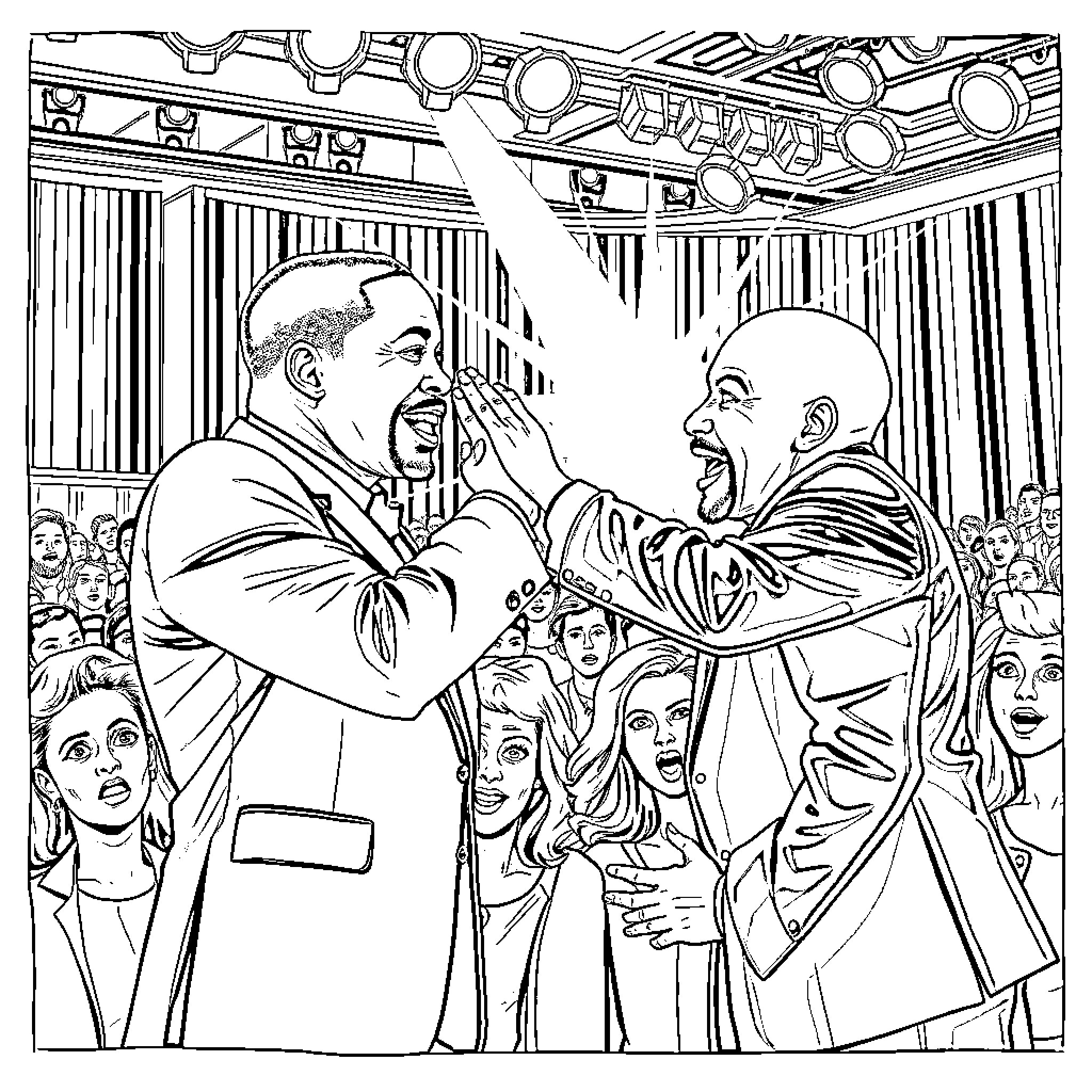 Will Smith's emotional moment with co-star on stage Coloring Page (free black-and-white line drawing printable PDF for all, from beginners to advanced learners, including children, teens, adults, and seniors)