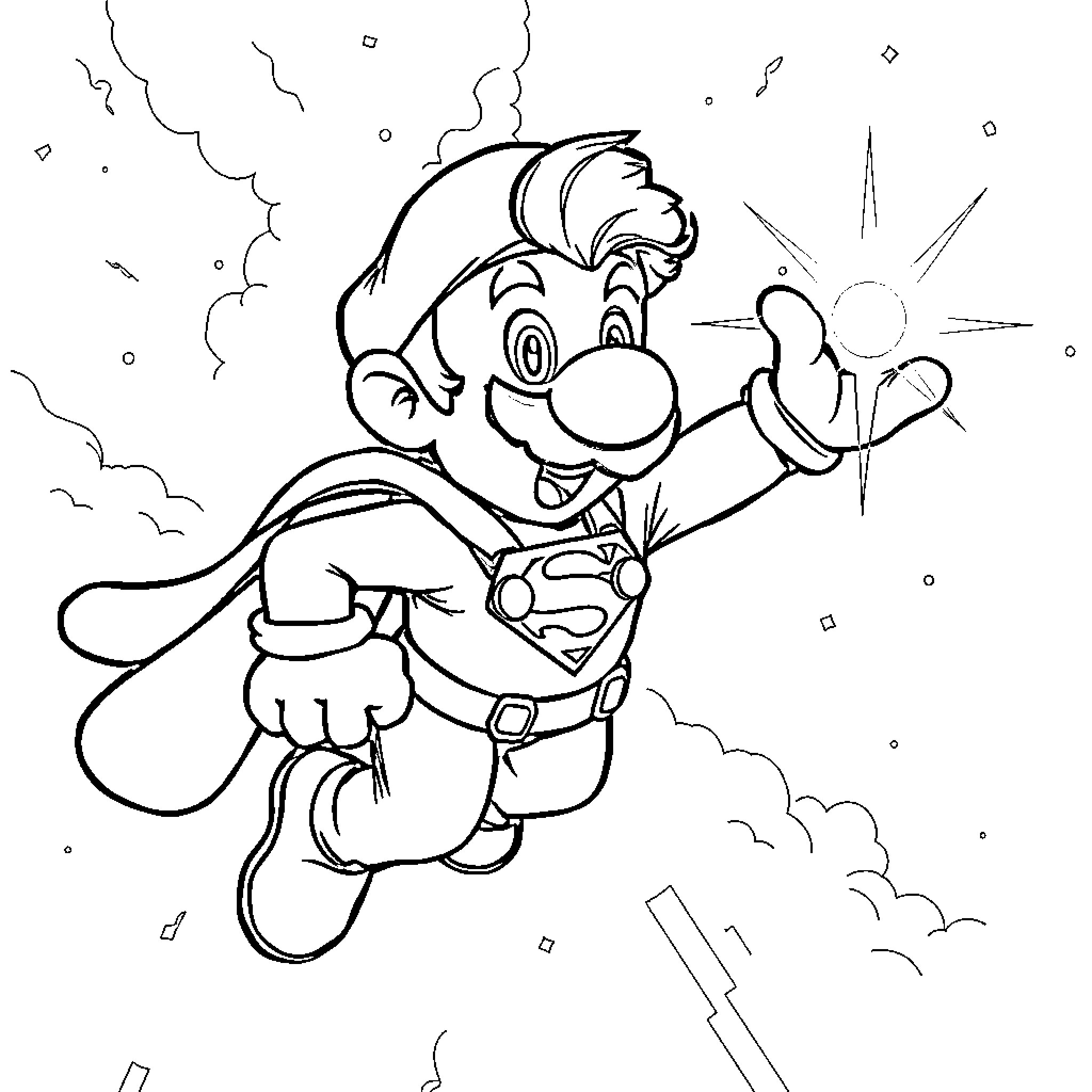 Luigi's Heroic Adventure in the Clouds Coloring Page (free black-and-white line drawing printable PDF for all, from beginners to advanced learners, including children, teens, adults, and seniors)
