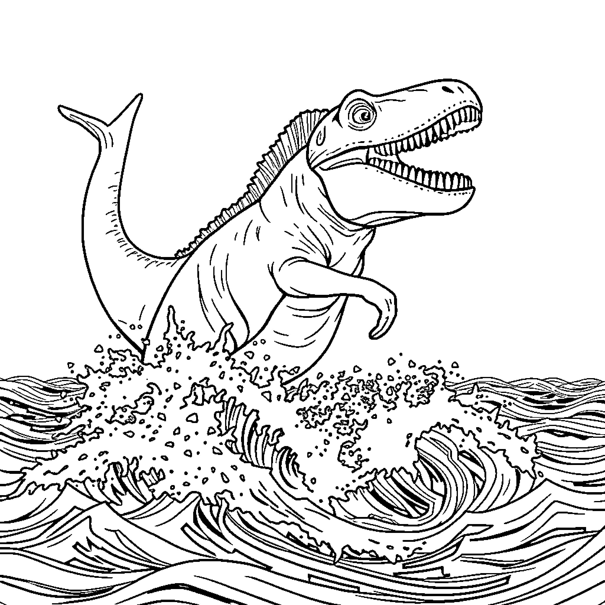 Mosasaurus emerging from the waves Coloring Page (free black-and-white line drawing printable PDF for all, from beginners to advanced learners, including children, teens, adults, and seniors)