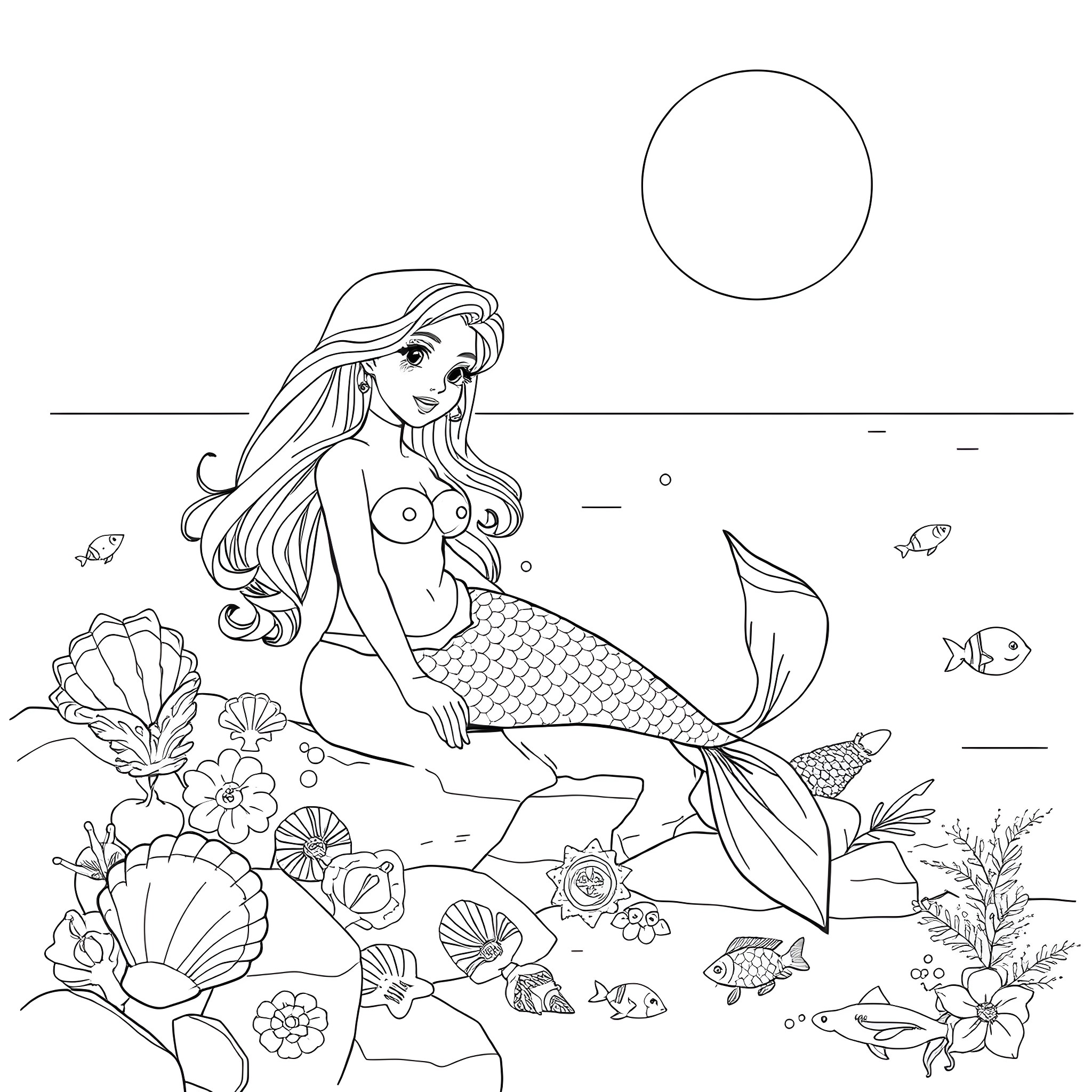 Mermaid sitting on rock surrounded by sea creatures and plants Coloring Page (free black-and-white line drawing printable PDF for all, from beginners to advanced learners, including children, teens, adults, and seniors)