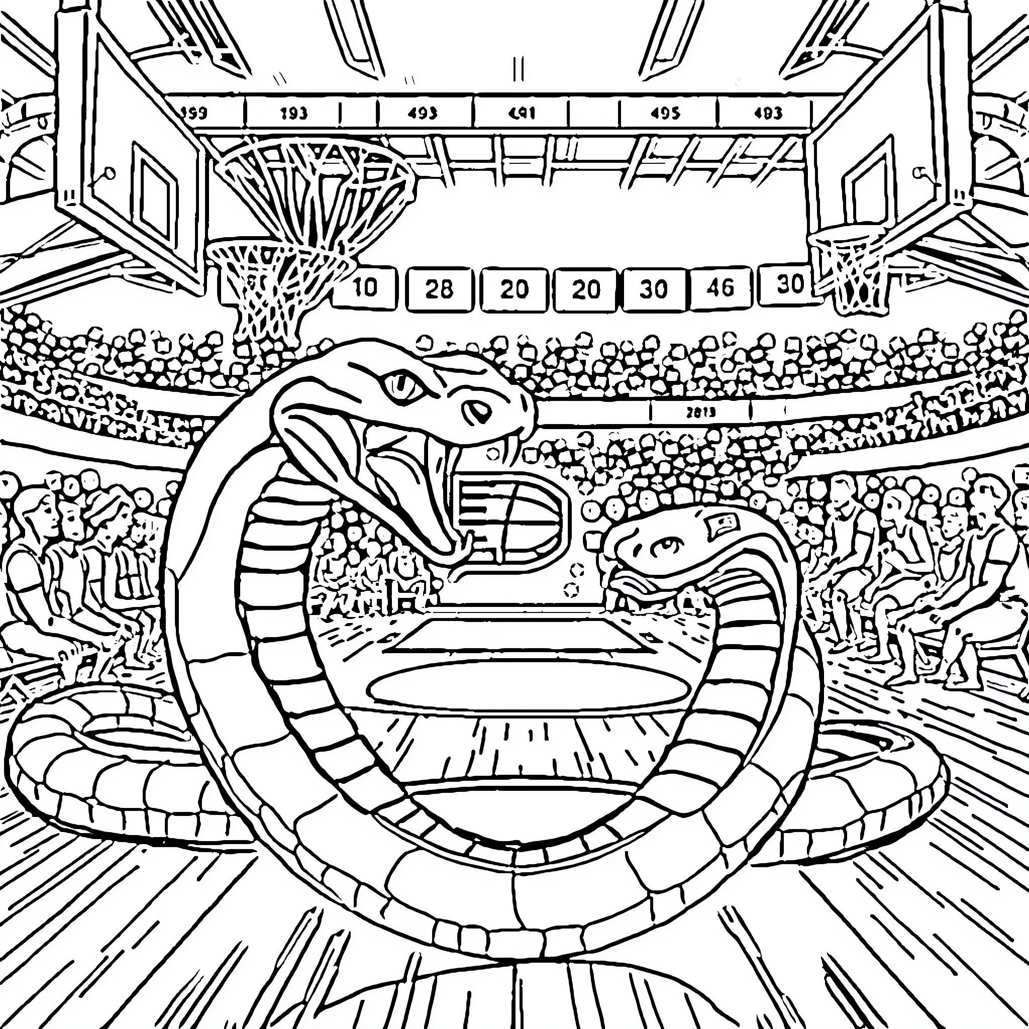 Snake coiled in a basketball court arena Coloring Page (free black-and-white line drawing printable PDF for all, from beginners to advanced learners, including children, teens, adults, and seniors)