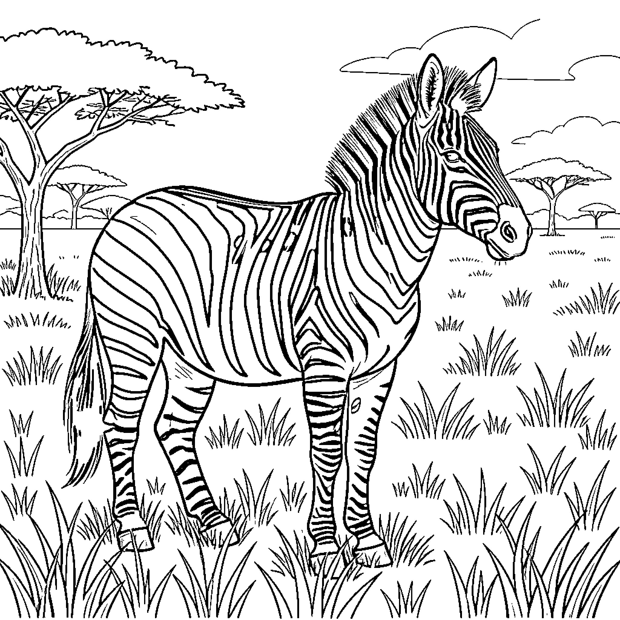 Zebra grazing peacefully in the African savanna Coloring Page (free black-and-white line drawing printable PDF for all, from beginners to advanced learners, including children, teens, adults, and seniors)
