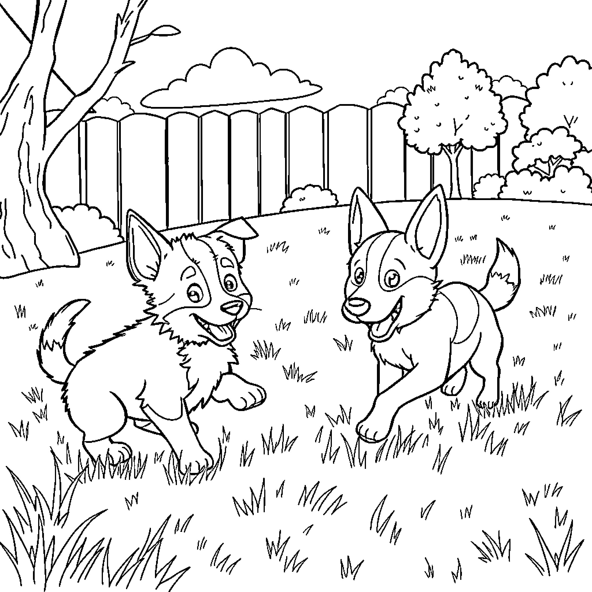 Bluey and friends playing in the yard Coloring Page (free black-and-white line drawing printable PDF for all, from beginners to advanced learners, including children, teens, adults, and seniors)