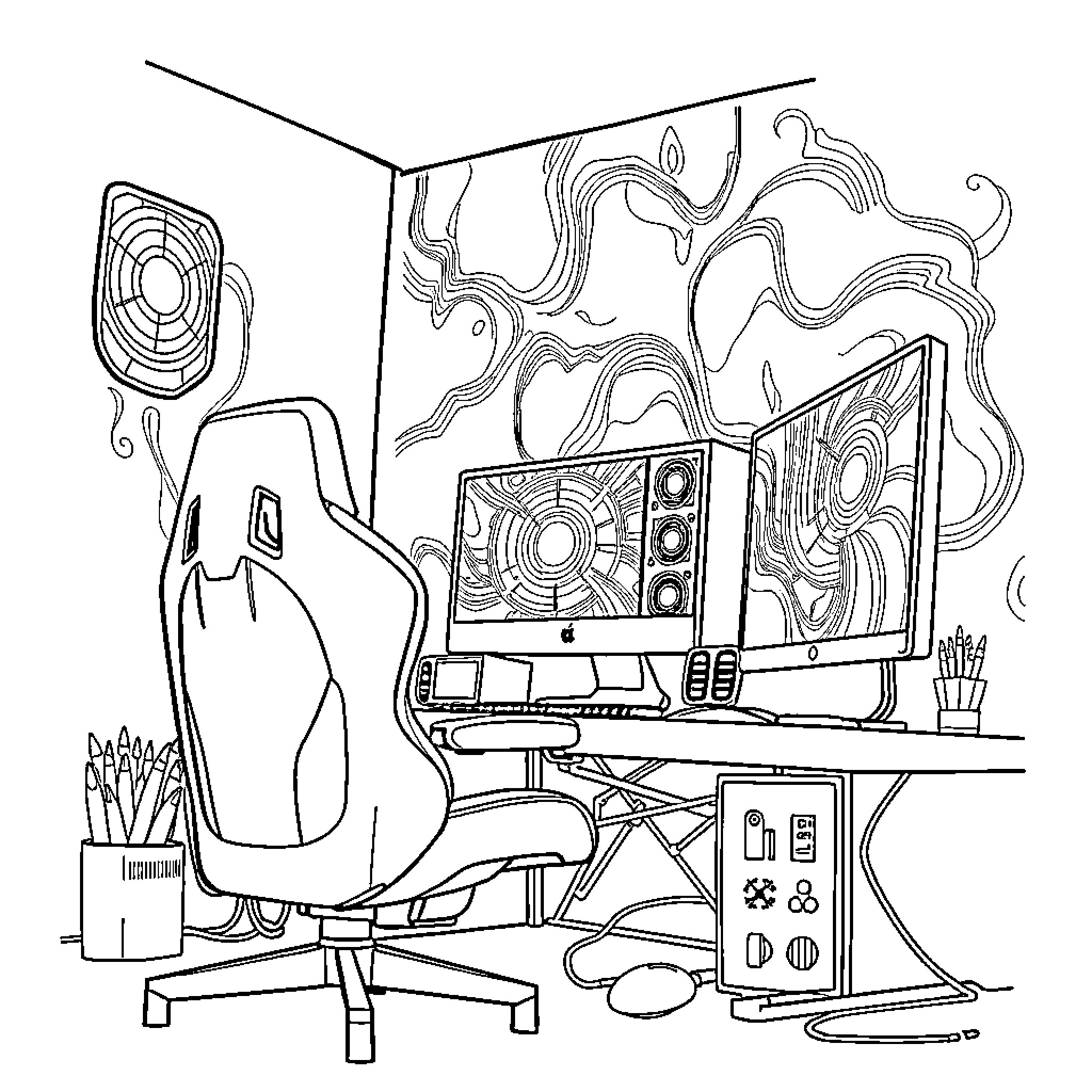 Gaming Setup with Gamer's Peripherals and Desk Coloring Page (free black-and-white line drawing printable PDF for all, from beginners to advanced learners, including children, teens, adults, and seniors)