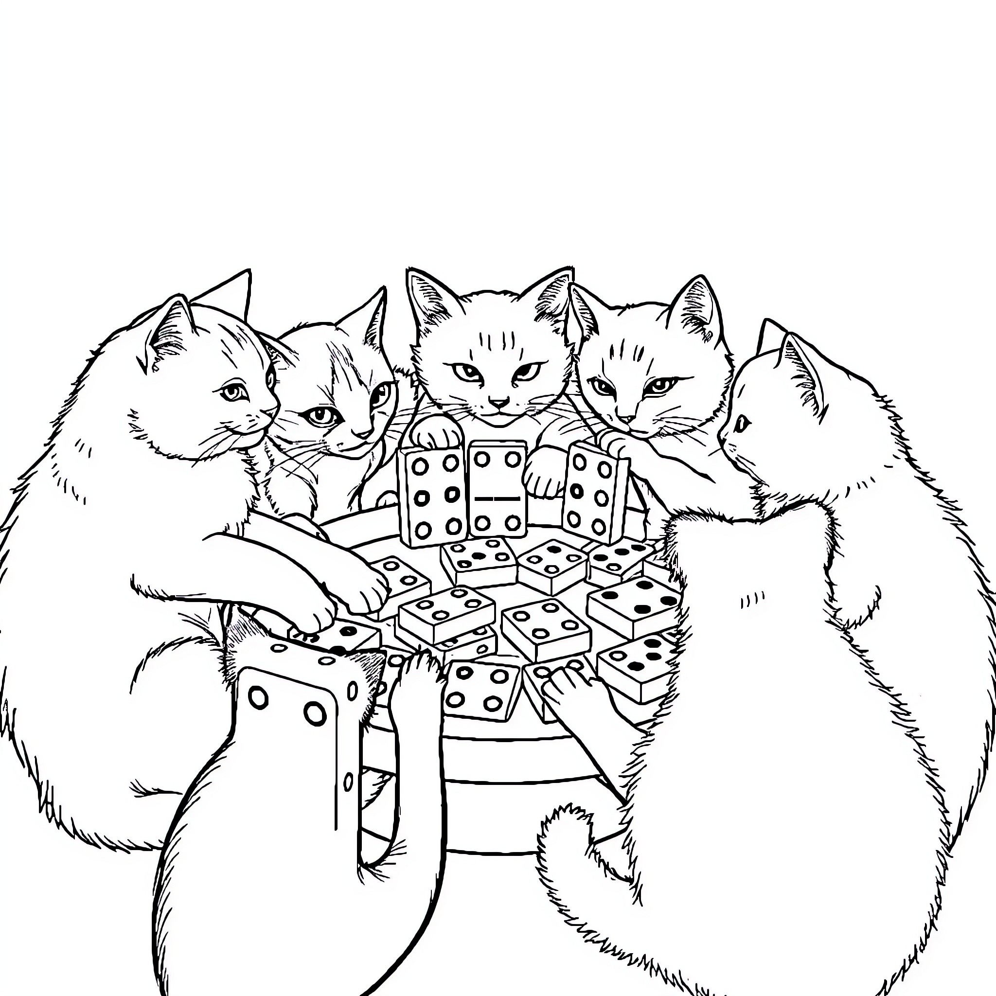 Cats playing with a stack of dominoes Coloring Page (free black-and-white line drawing printable PDF for all, from beginners to advanced learners, including children, teens, adults, and seniors)