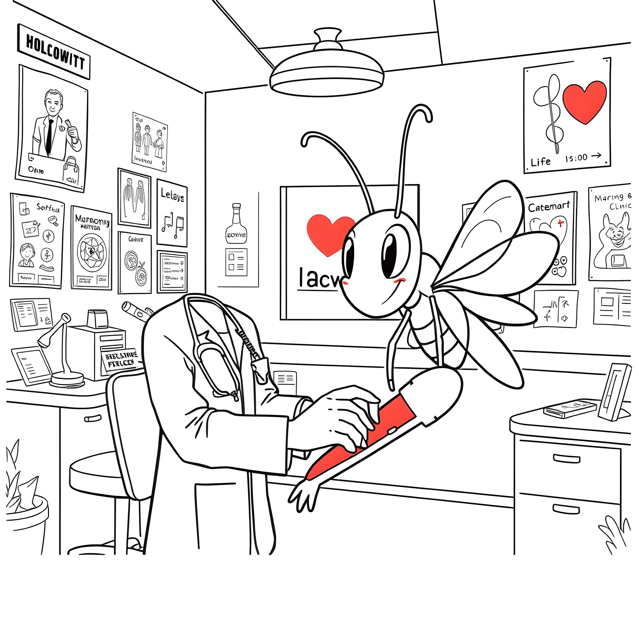 Mosquito delivering flowers to doctor in office Coloring Page (free black-and-white line drawing printable PDF for all, from beginners to advanced learners, including children, teens, adults, and seniors)