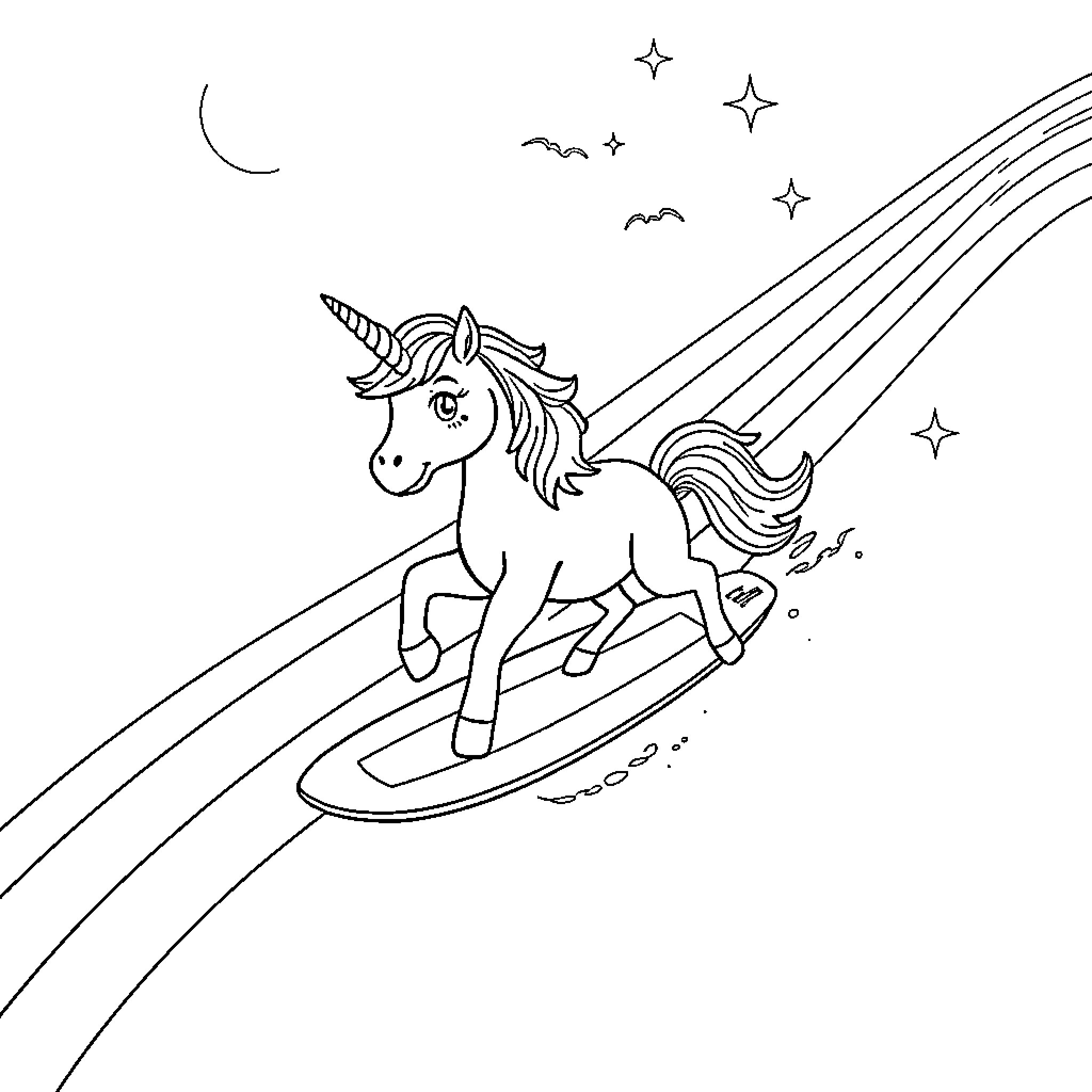 Unicorn surfing among the stars Coloring Page (free black-and-white line drawing printable PDF for all, from beginners to advanced learners, including children, teens, adults, and seniors)