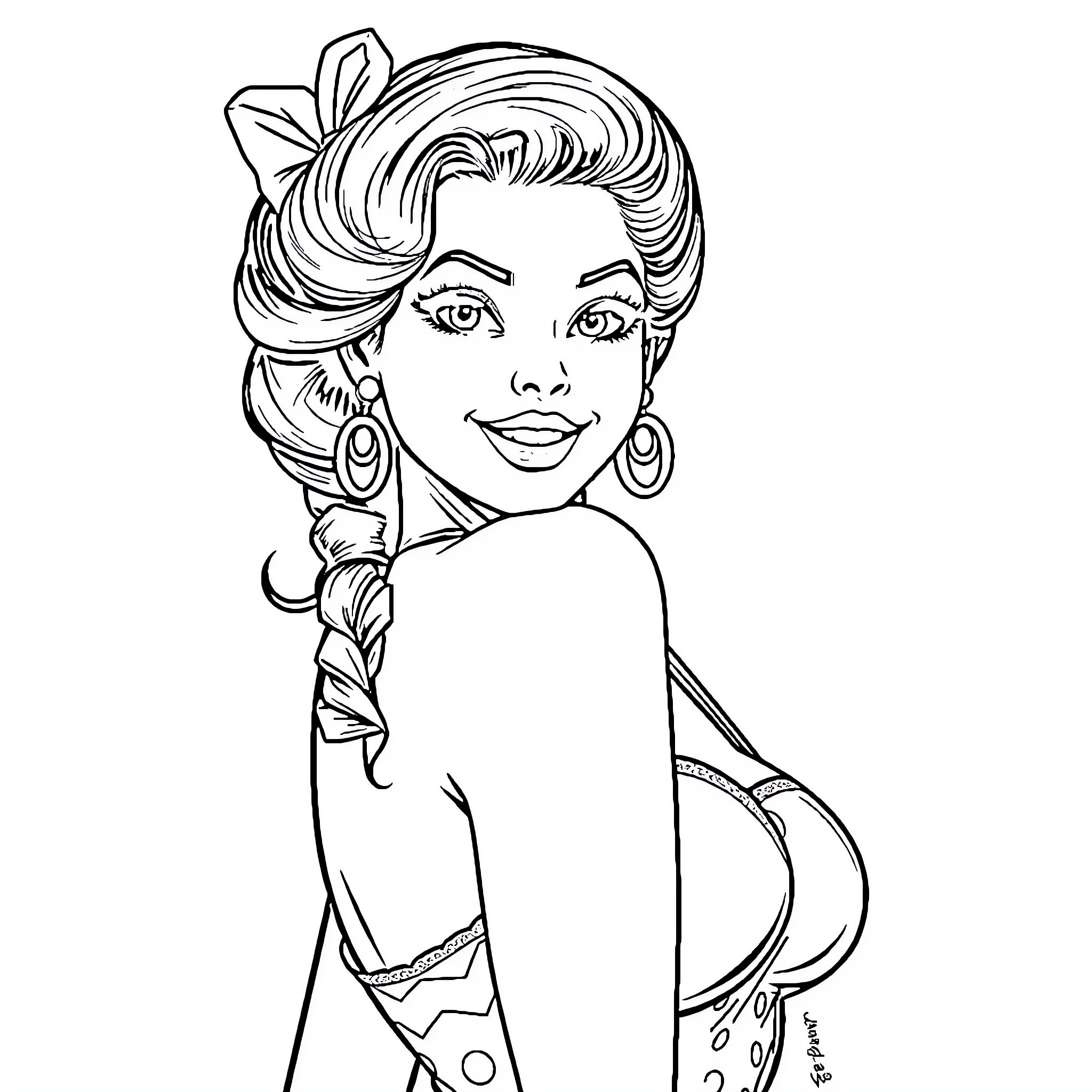 Pin Up Girl in Retro Glamour Pose Coloring Page (free black-and-white line drawing printable PDF for all, from beginners to advanced learners, including children, teens, adults, and seniors)
