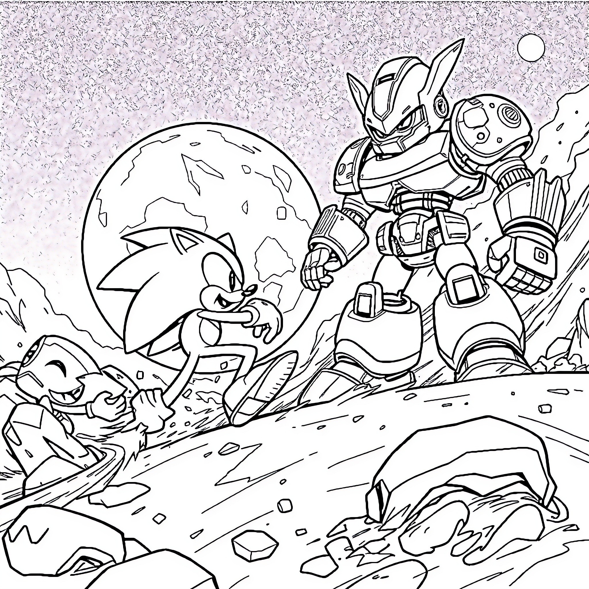 Sonic and Robotic Adversaries in Dramatic Confrontation Coloring Page (free black-and-white line drawing printable PDF for all, from beginners to advanced learners, including children, teens, adults, and seniors)