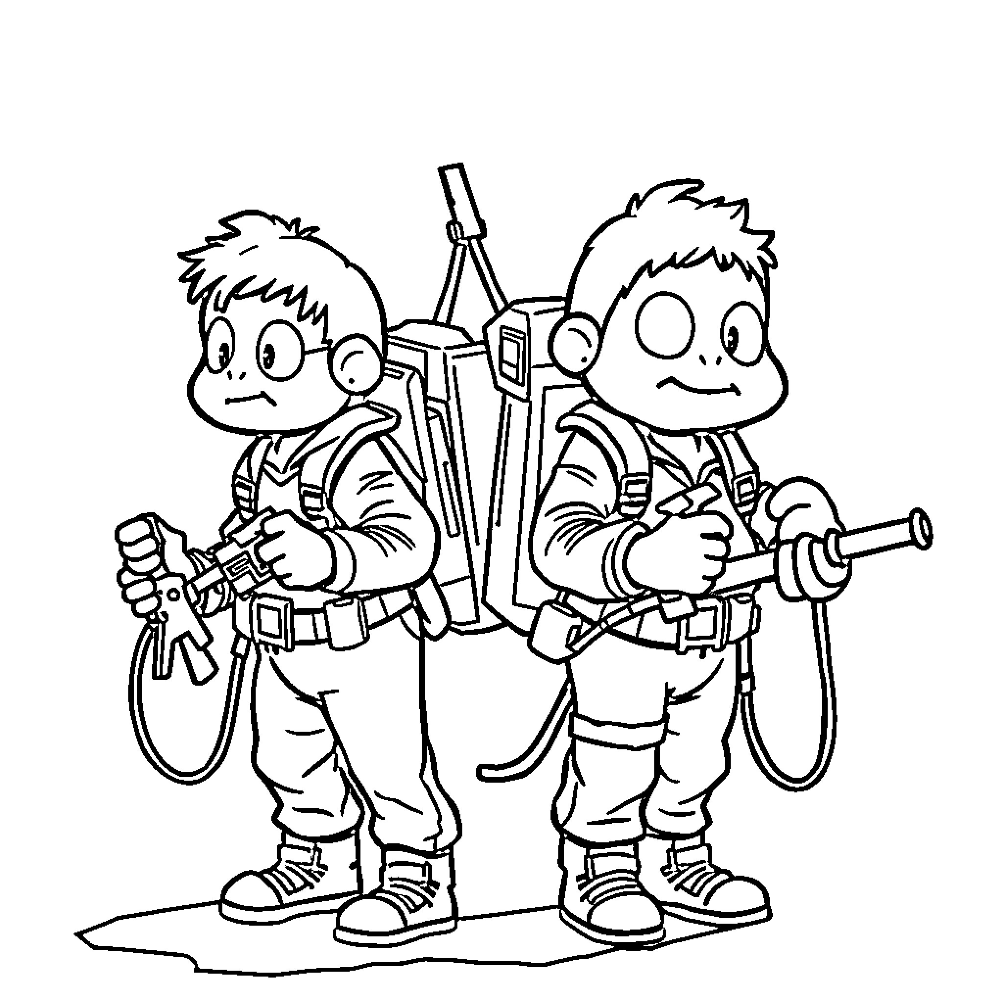 Ghost Explorers Equipped with Gear Coloring Page (free black-and-white line drawing printable PDF for all, from beginners to advanced learners, including children, teens, adults, and seniors)