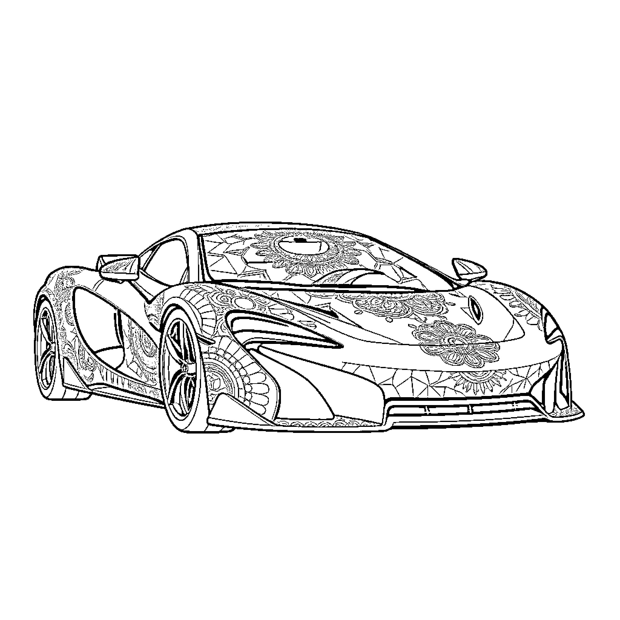 McLaren sports car with intricate floral designs Coloring Page (free black-and-white line drawing printable PDF for all, from beginners to advanced learners, including children, teens, adults, and seniors)