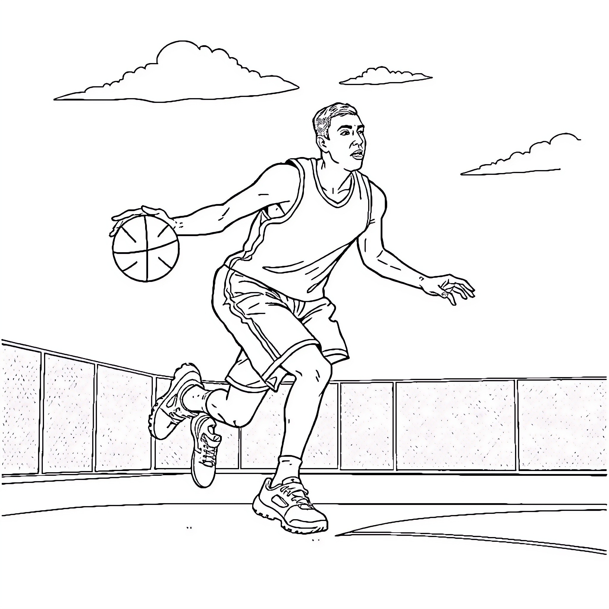 Vegueta playing basketball on the court Coloring Page (free black-and-white line drawing printable PDF for all, from beginners to advanced learners, including children, teens, adults, and seniors)