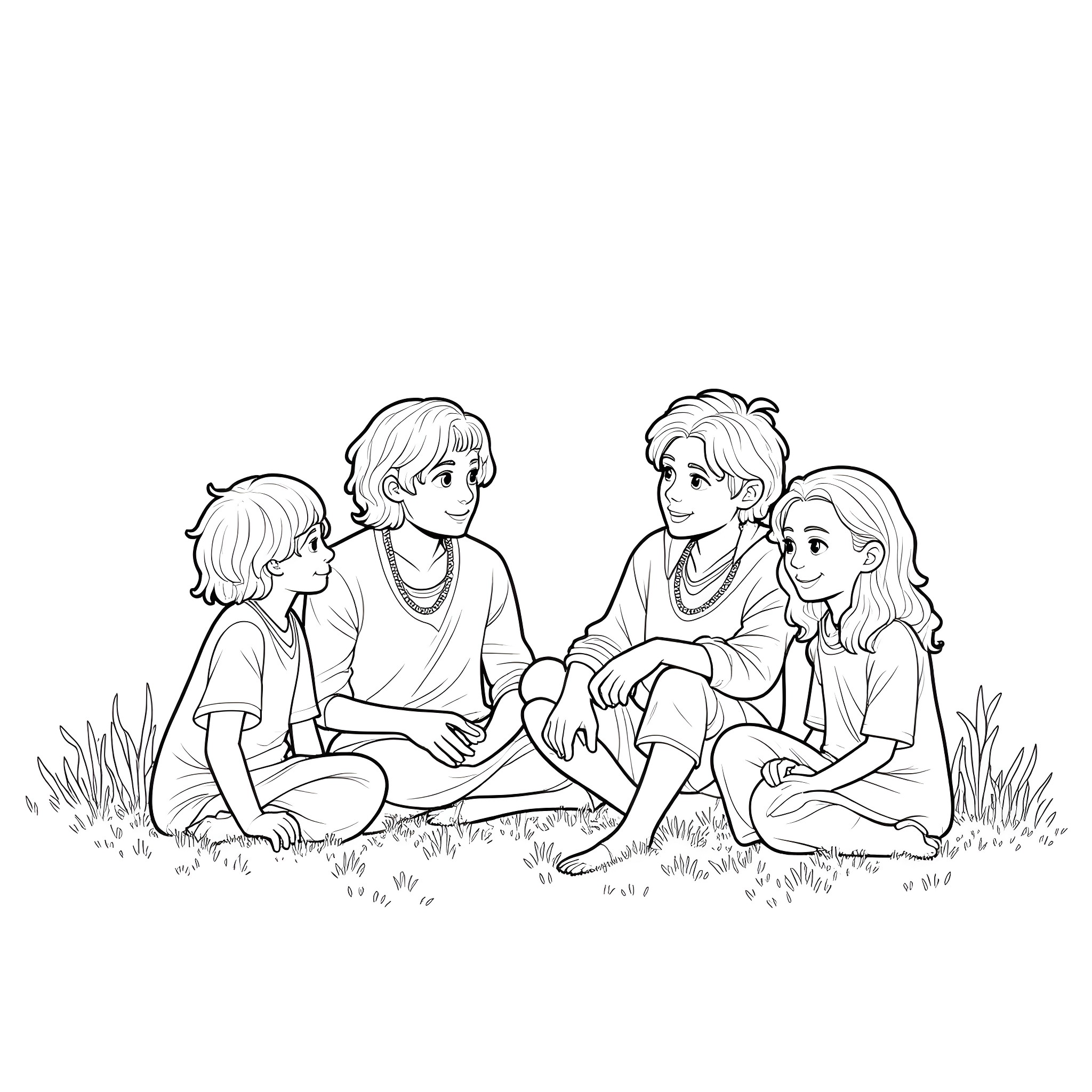 Hobbit friends having a chat in the meadow Coloring Page (free black-and-white line drawing printable PDF for all, from beginners to advanced learners, including children, teens, adults, and seniors)