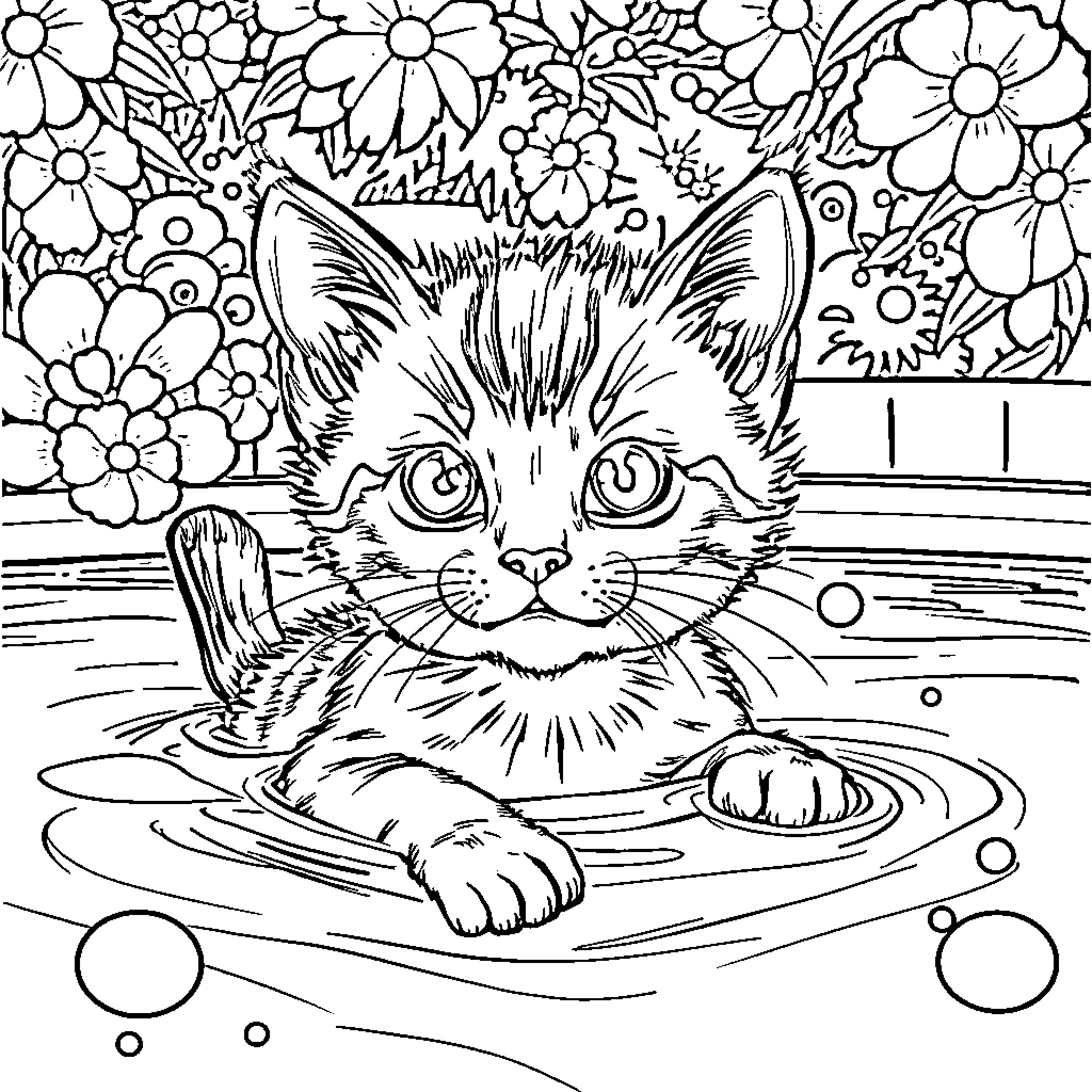 Cat swimming in a floral pond Coloring Page (free black-and-white line drawing printable PDF for all, from beginners to advanced learners, including children, teens, adults, and seniors)