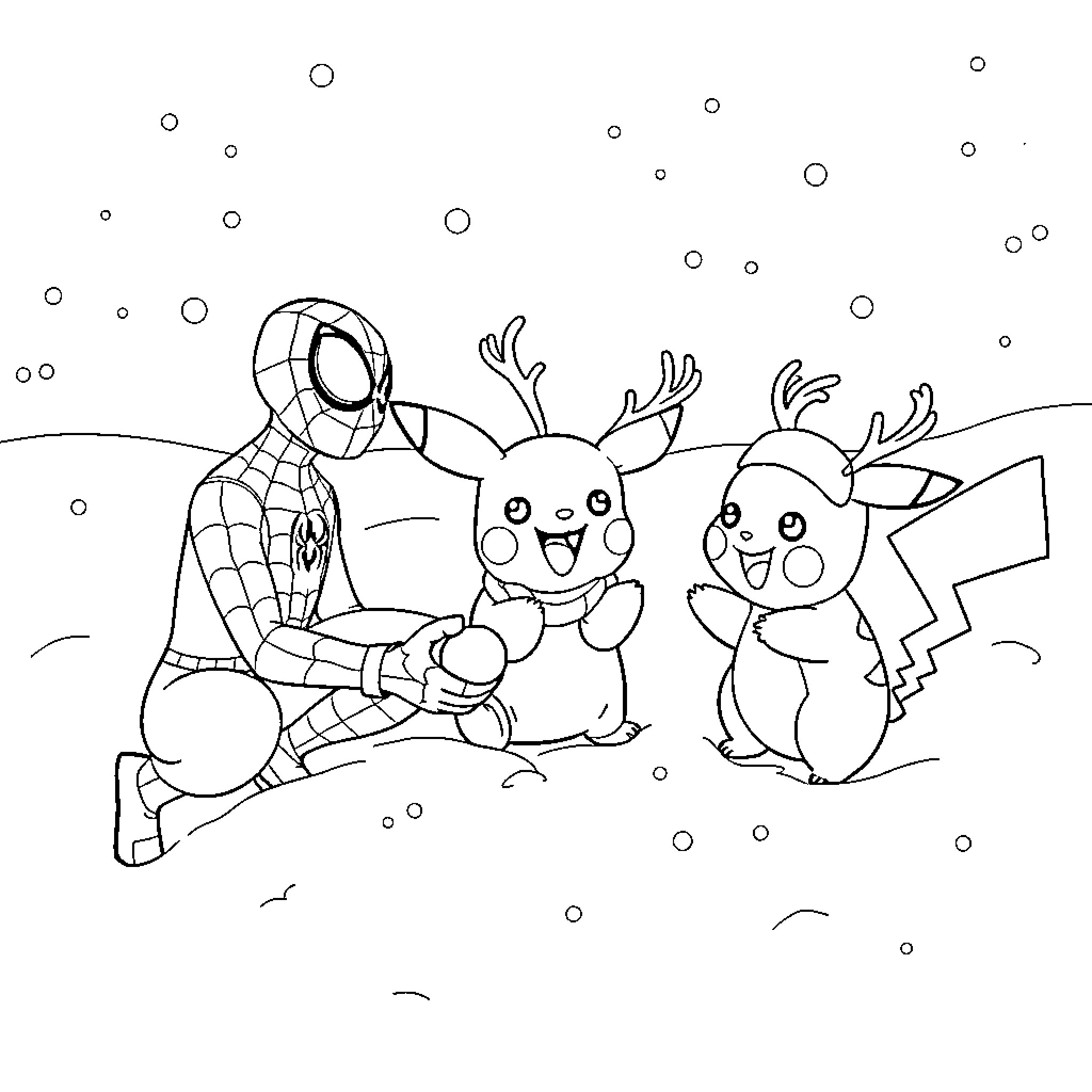 Spiderman playing with Pokemon characters in the snow Coloring Page (free black-and-white line drawing printable PDF for all, from beginners to advanced learners, including children, teens, adults, and seniors)