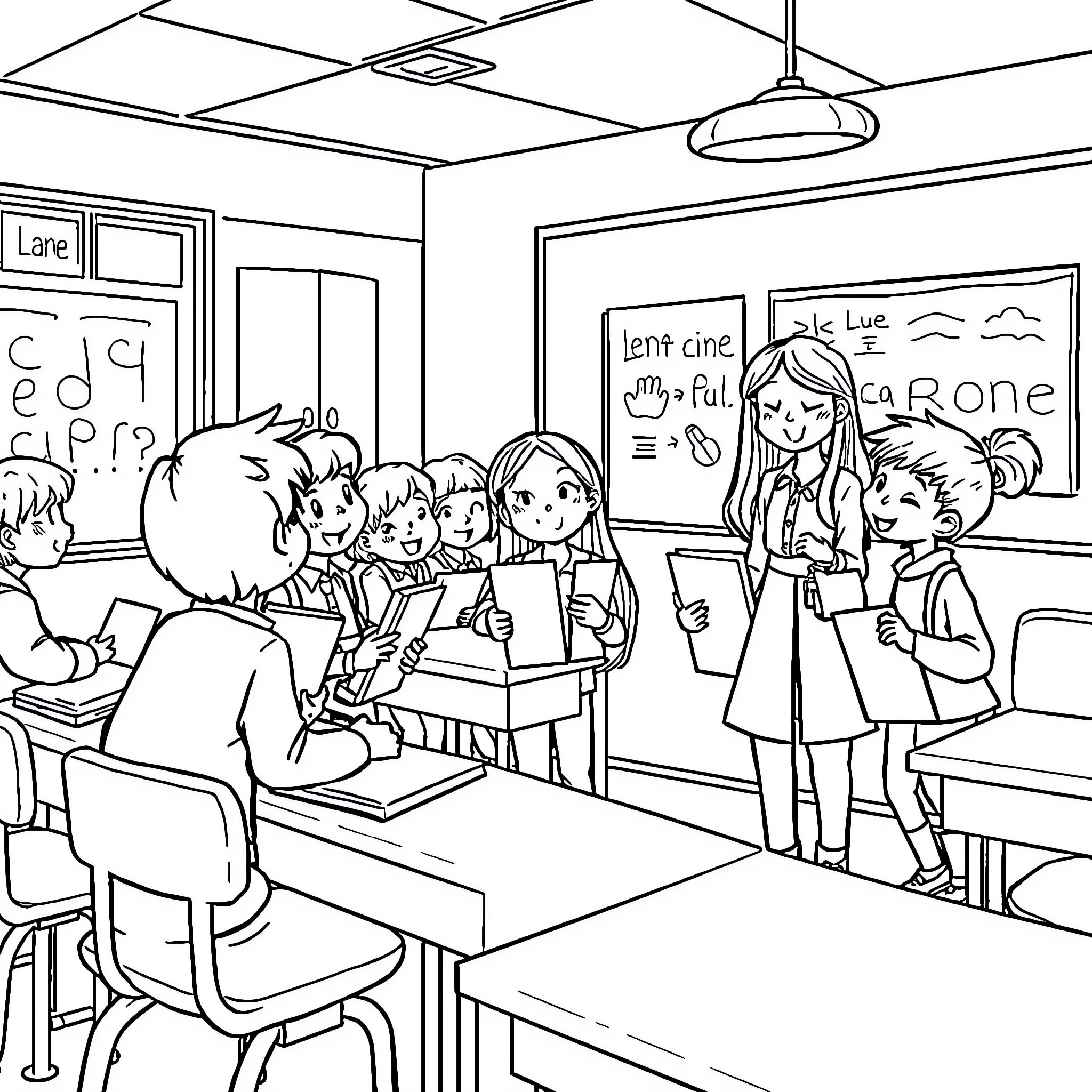 Élève Engaging in Classroom Activities Coloring Page (free black-and-white line drawing printable PDF for all, from beginners to advanced learners, including children, teens, adults, and seniors)