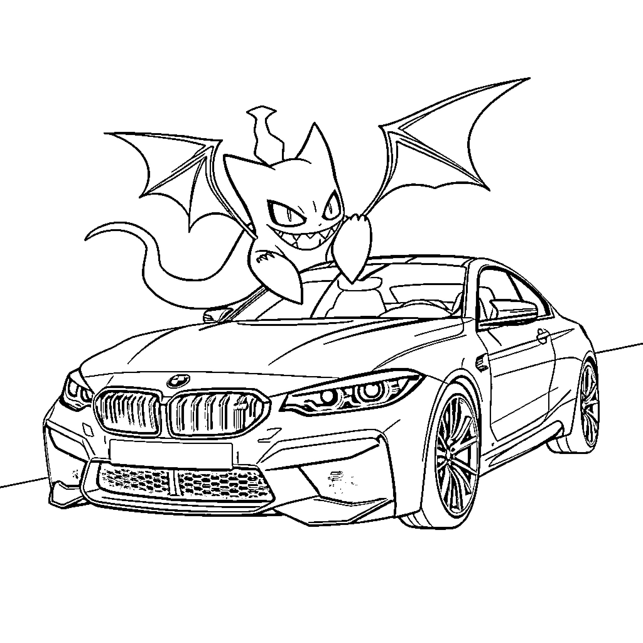 Gengar commanding a powerful sports car Coloring Page (free black-and-white line drawing printable PDF for all, from beginners to advanced learners, including children, teens, adults, and seniors)