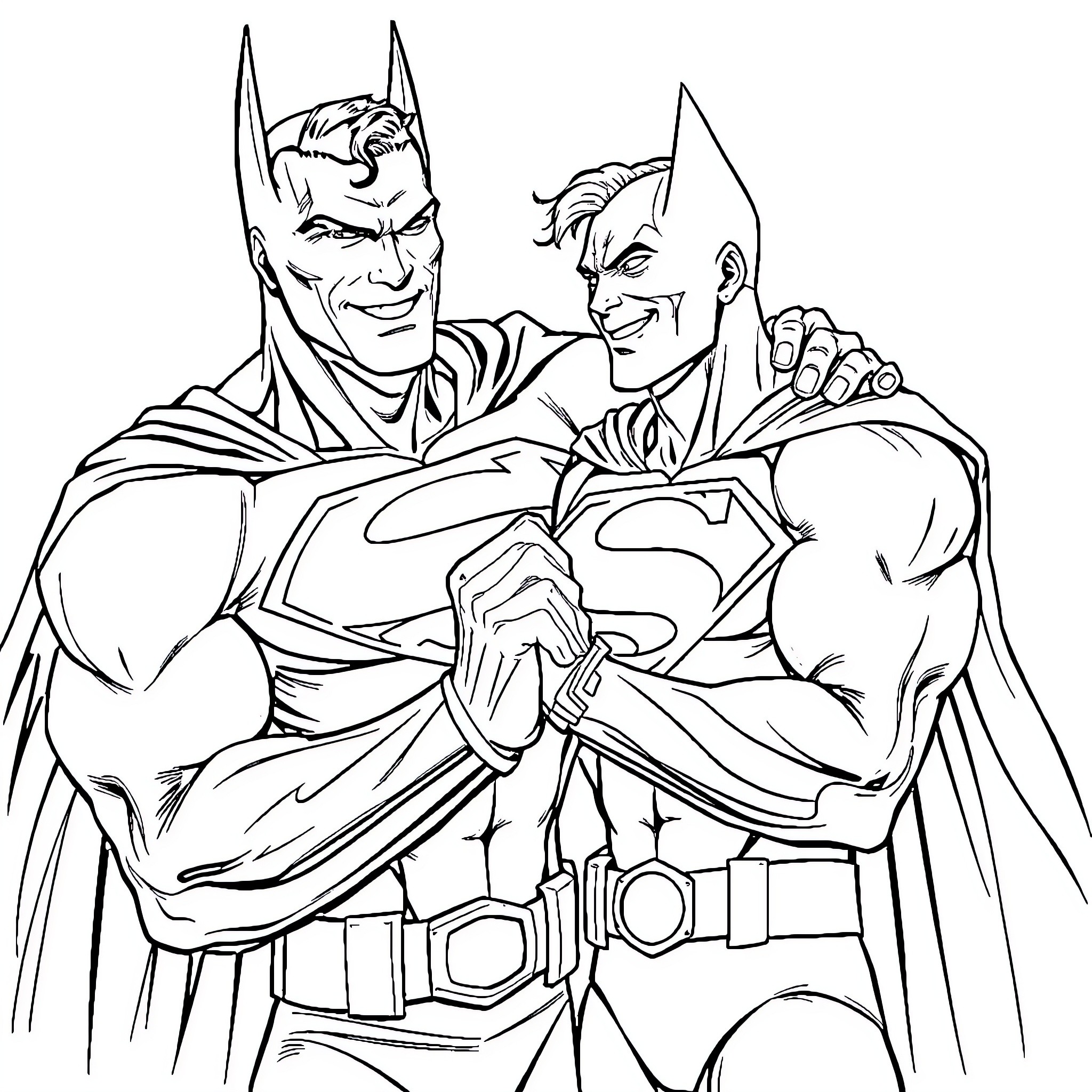 Superman and Sidekick in Heroic Pose Coloring Page (free black-and-white line drawing printable PDF for all, from beginners to advanced learners, including children, teens, adults, and seniors)