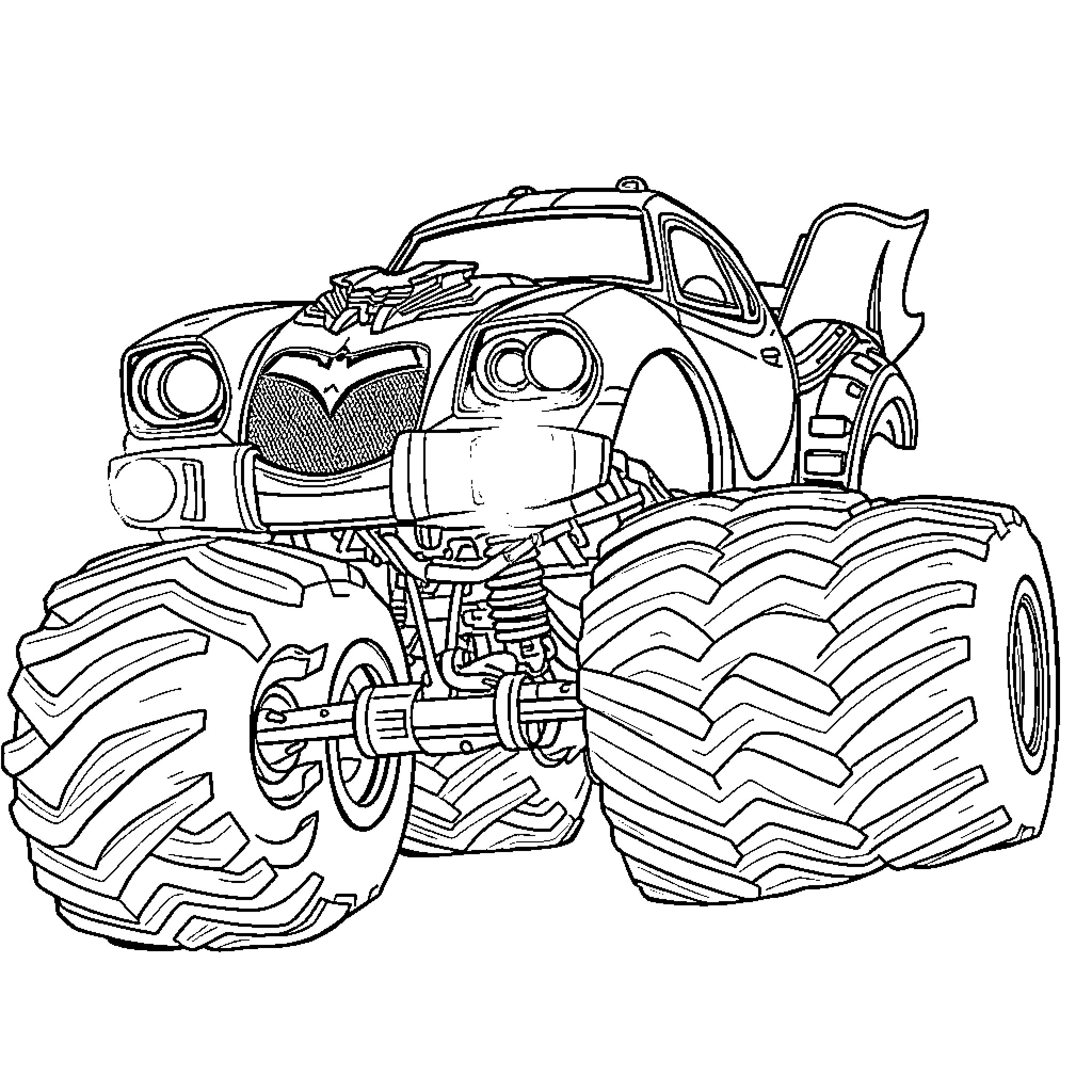 Batmobile monster truck on rugged terrain Coloring Page (free black-and-white line drawing printable PDF for all, from beginners to advanced learners, including children, teens, adults, and seniors)