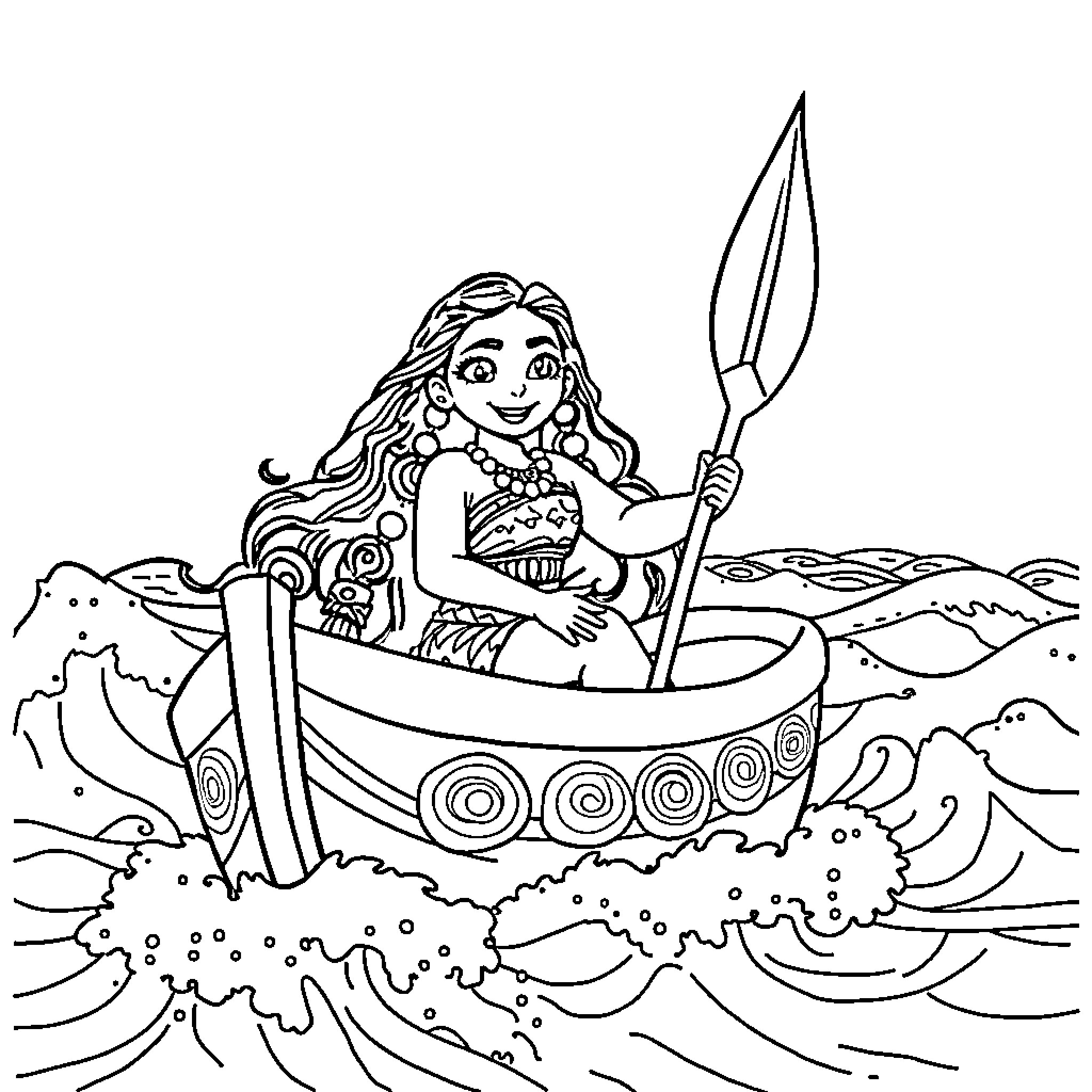 Moana paddling her canoe on the ocean Coloring Page (free black-and-white line drawing printable PDF for all, from beginners to advanced learners, including children, teens, adults, and seniors)