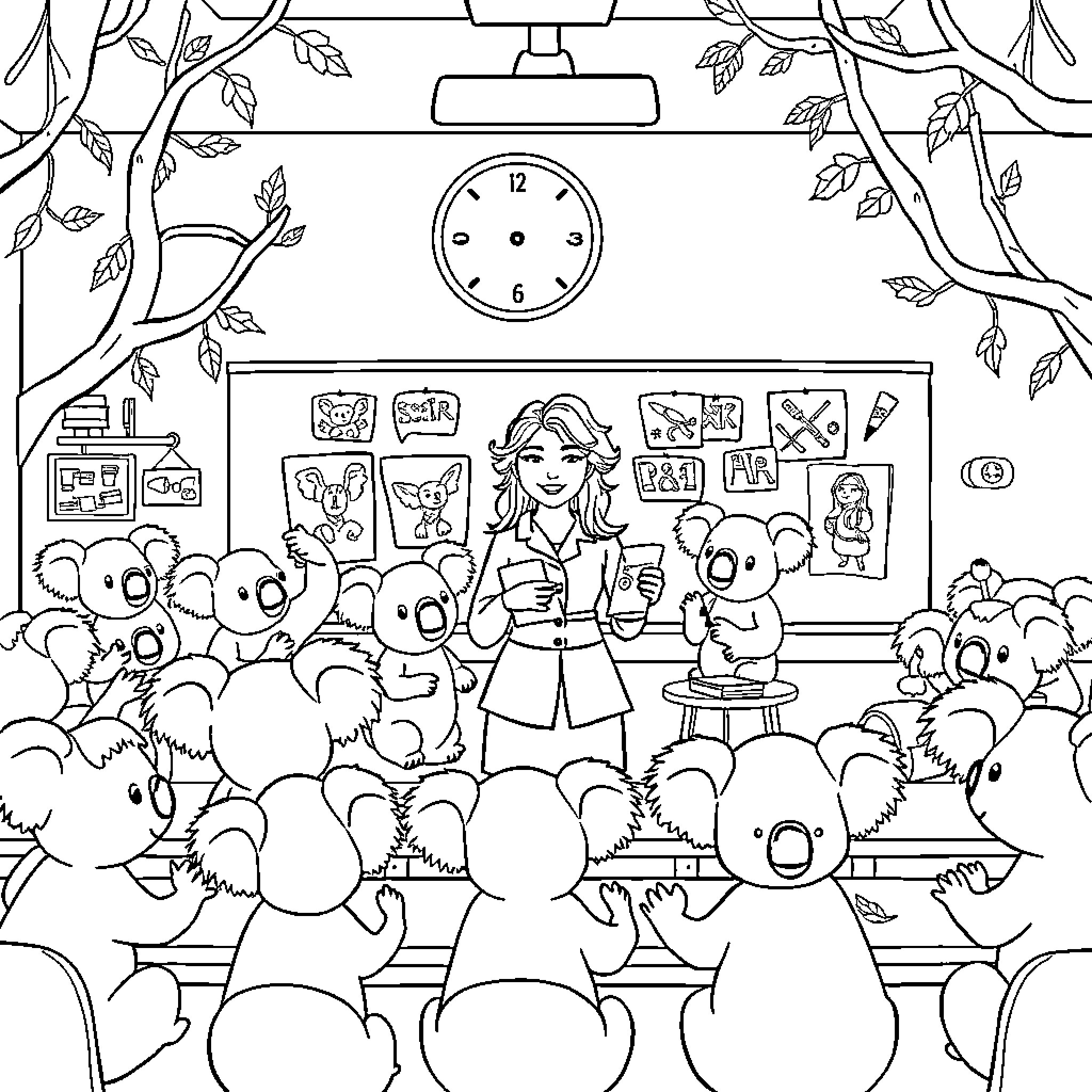 Teacher interacting with adorable animal students in classroom Coloring Page (free black-and-white line drawing printable PDF for all, from beginners to advanced learners, including children, teens, adults, and seniors)