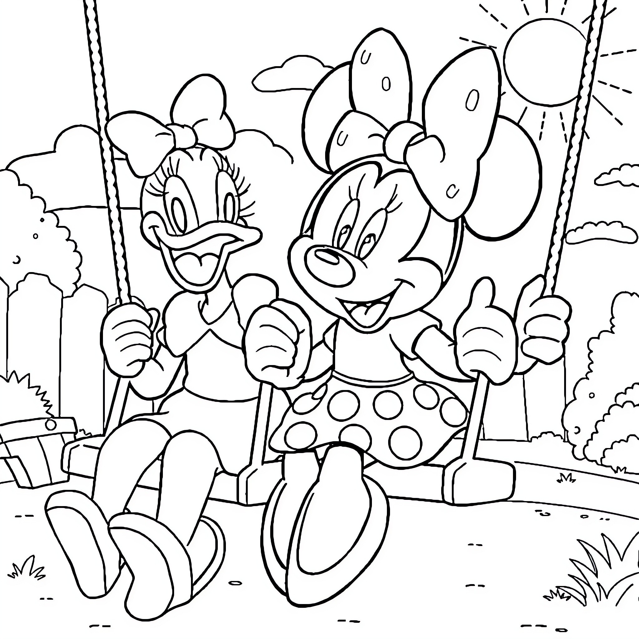 Minnie Mouse and Mickey Mouse playing on a swing set Coloring Page (free black-and-white line drawing printable PDF for all, from beginners to advanced learners, including children, teens, adults, and seniors)