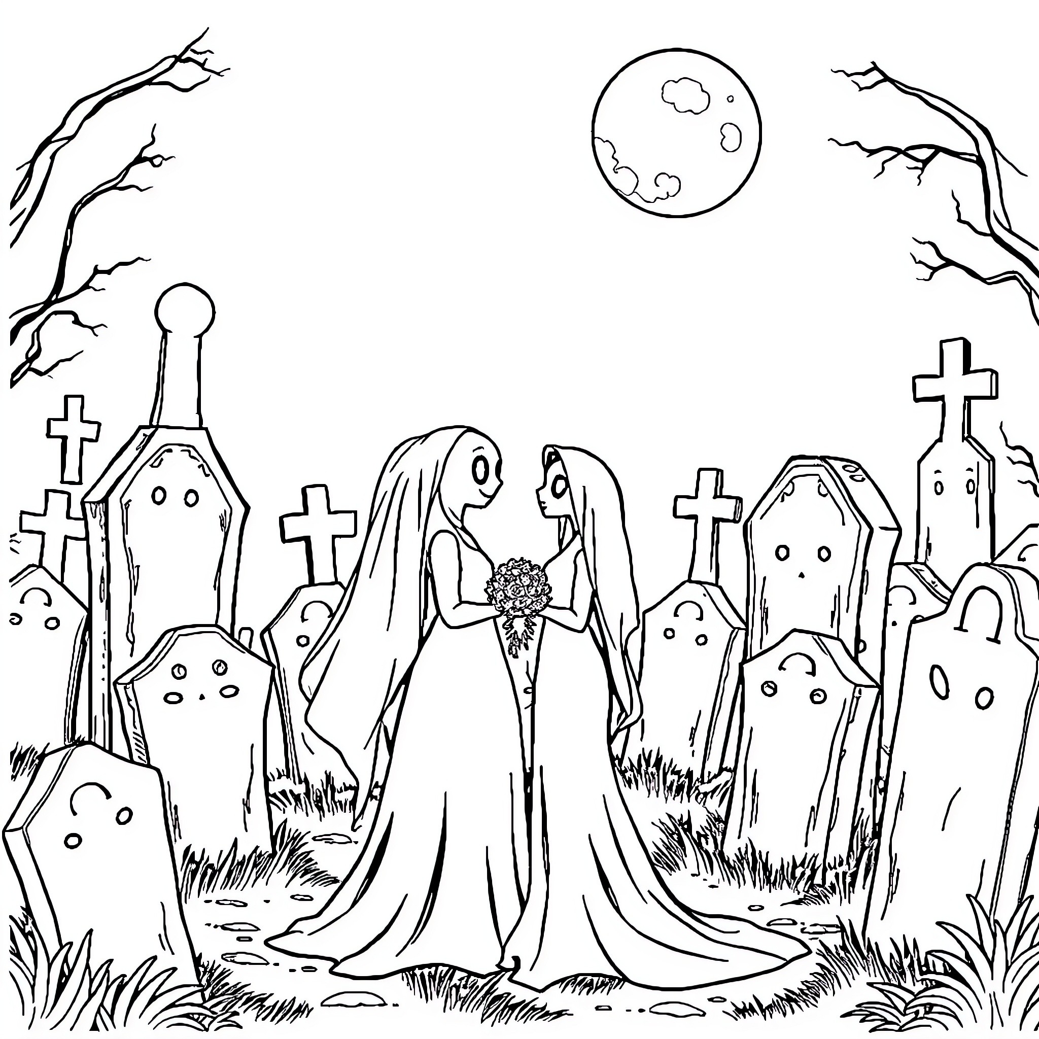Ghost bride and groom in haunted graveyard Coloring Page (free black-and-white line drawing printable PDF for all, from beginners to advanced learners, including children, teens, adults, and seniors)