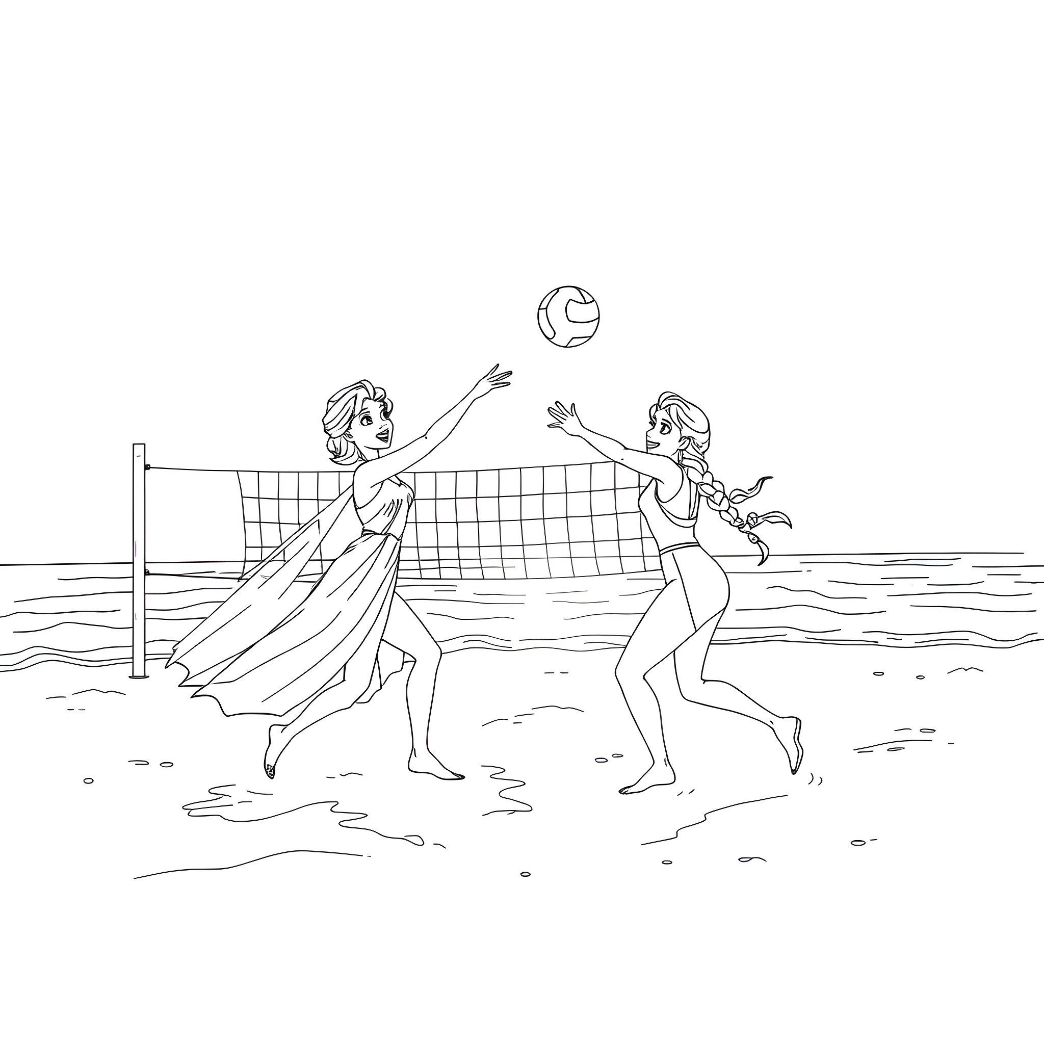 Elsa and Anna playing volleyball on the beach Coloring Page (free black-and-white line drawing printable PDF for all, from beginners to advanced learners, including children, teens, adults, and seniors)