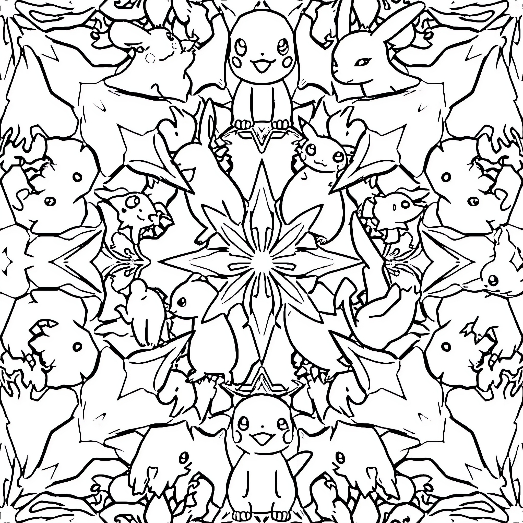 Pokémon characters in a kaleidoscopic design Coloring Page (free black-and-white line drawing printable PDF for all, from beginners to advanced learners, including children, teens, adults, and seniors)
