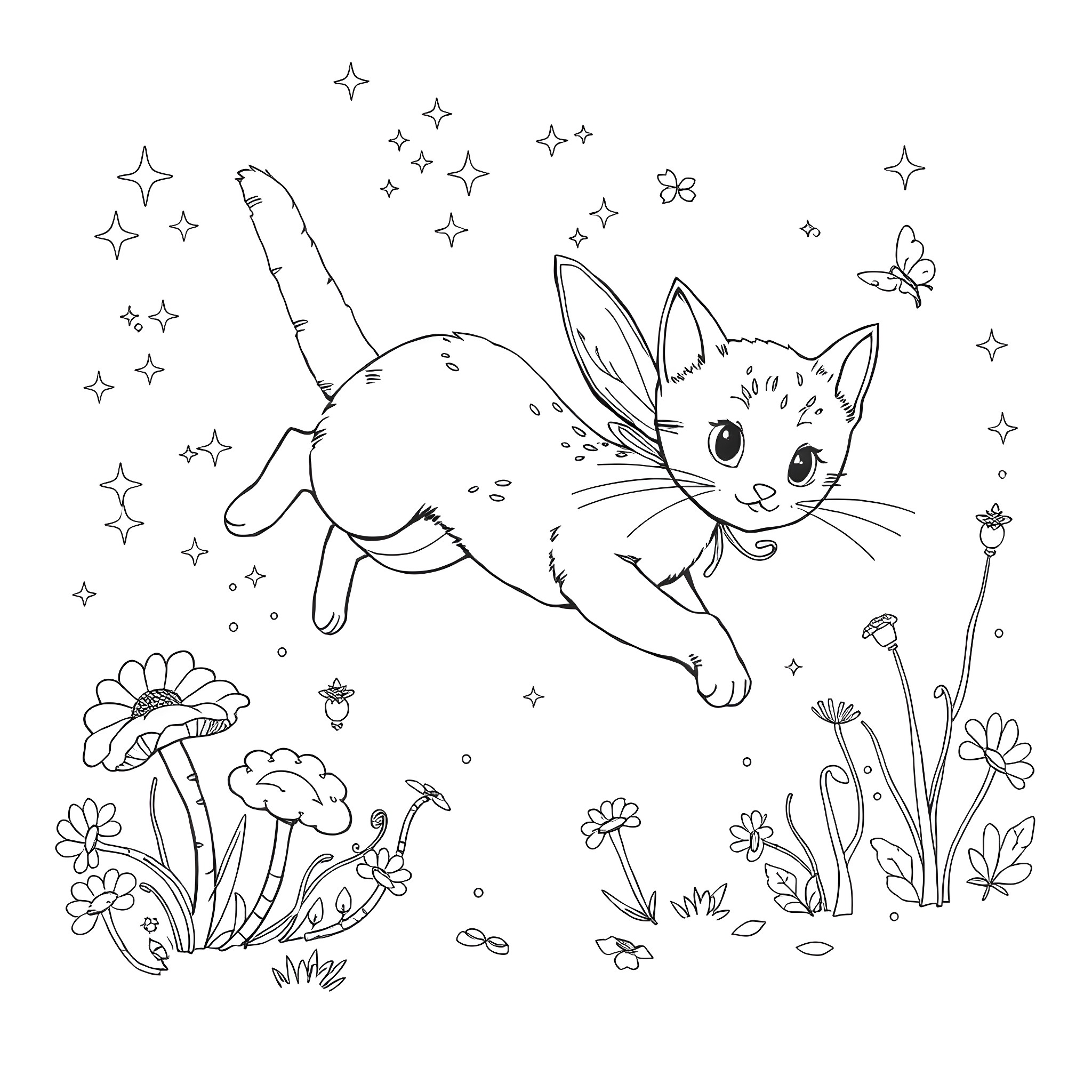 Cat frolicking playfully in whimsical meadow Coloring Page (free black-and-white line drawing printable PDF for all, from beginners to advanced learners, including children, teens, adults, and seniors)