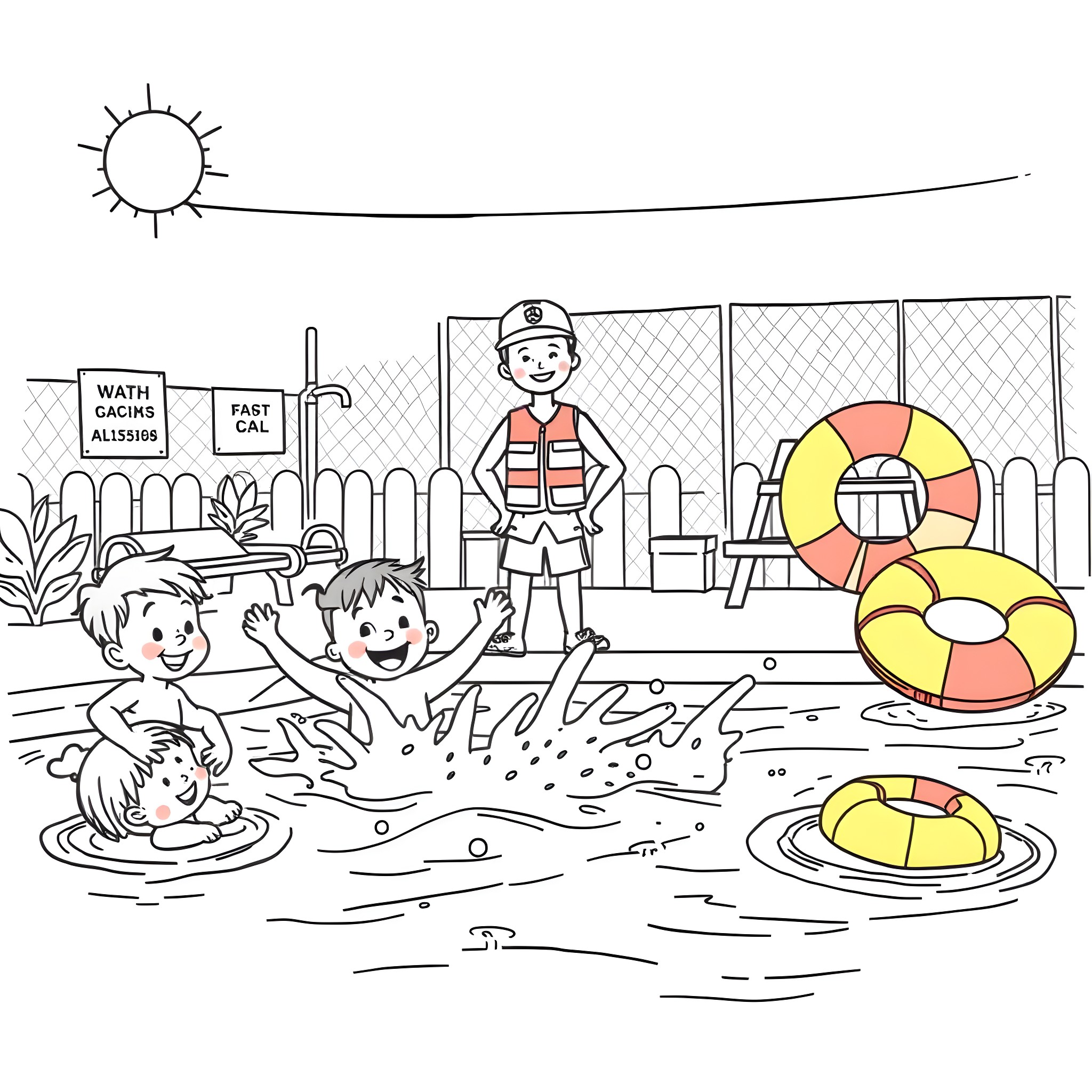 Child swimmers playing in a pool with lifeguard Coloring Page (free black-and-white line drawing printable PDF for all, from beginners to advanced learners, including children, teens, adults, and seniors)