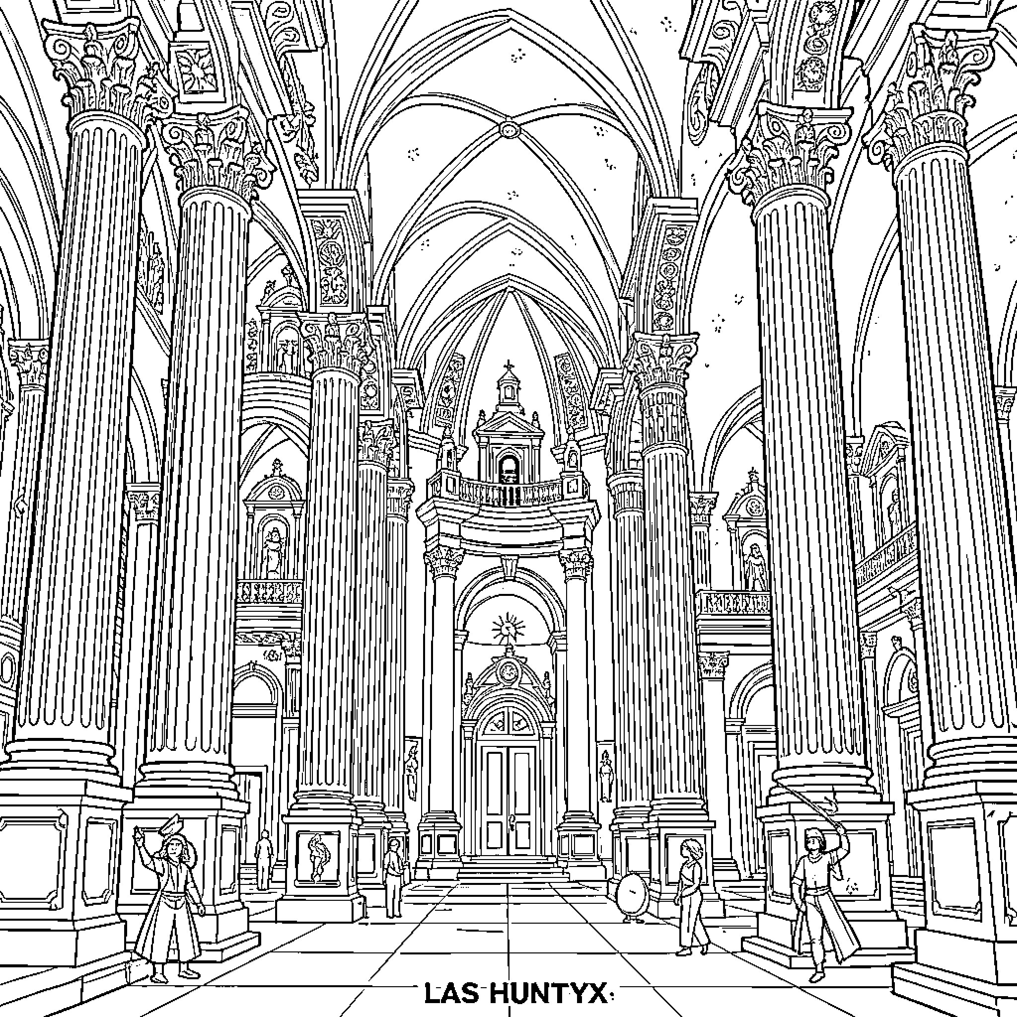 Huntryx: Architectural Grandeur in a Majestic Cathedral Coloring Page (free black-and-white line drawing printable PDF for all, from beginners to advanced learners, including children, teens, adults, and seniors)