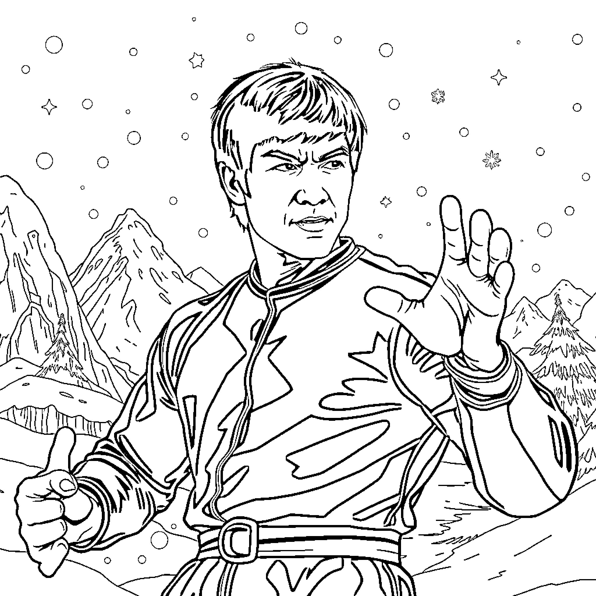Bruce Lee in Martial Arts Action Pose Coloring Page (free black-and-white line drawing printable PDF for all, from beginners to advanced learners, including children, teens, adults, and seniors)