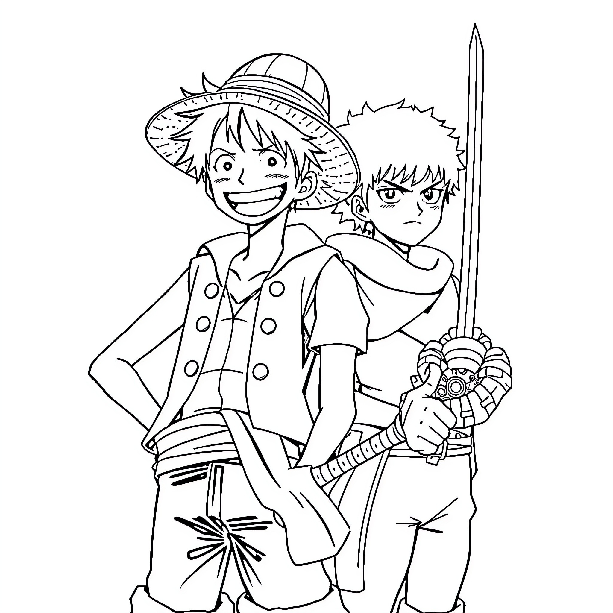 Luffy and Zoro in Action Poses with Swords Coloring Page (free black-and-white line drawing printable PDF for all, from beginners to advanced learners, including children, teens, adults, and seniors)