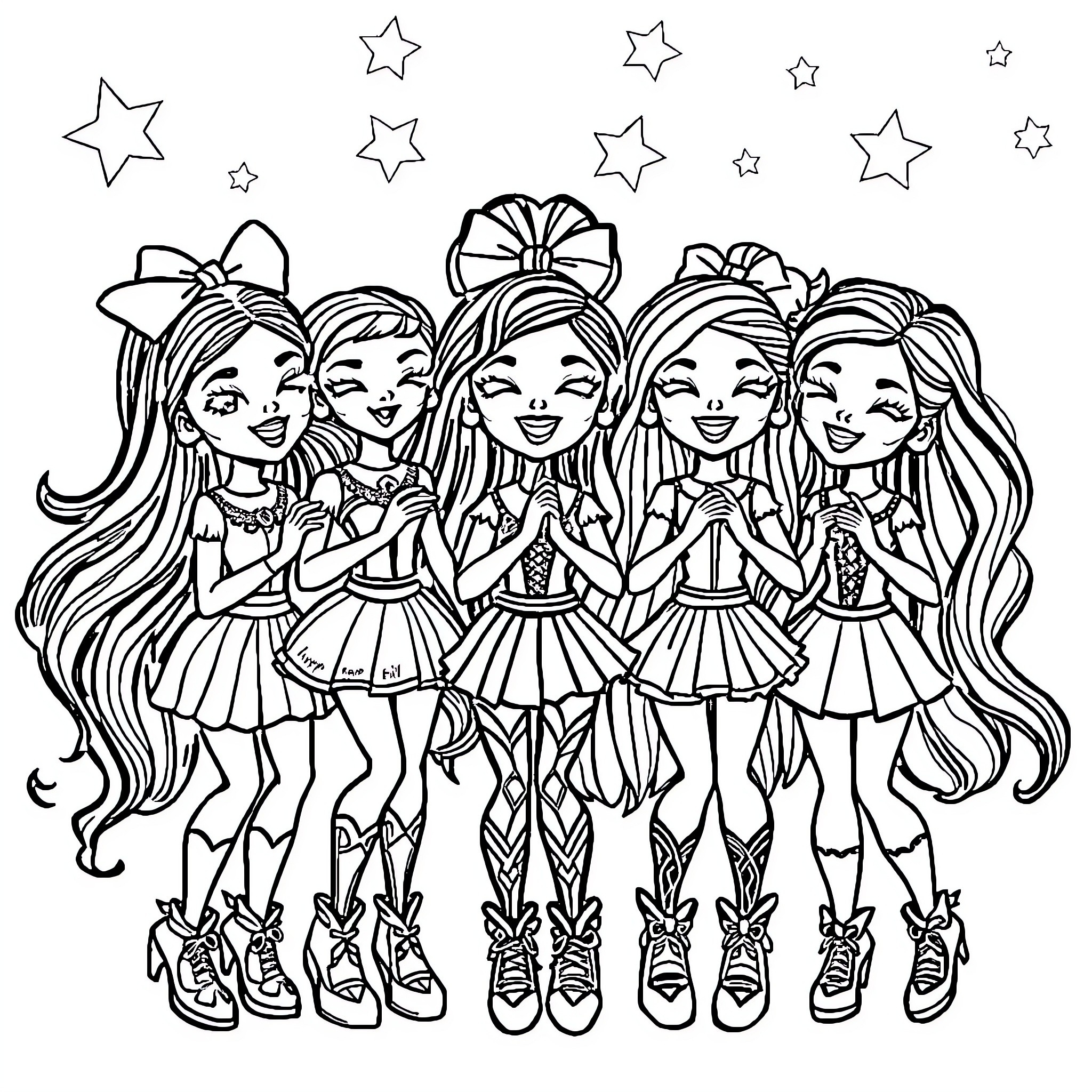 Rainbow High Doll Friends Posing Together Happily Coloring Page (free black-and-white line drawing printable PDF for all, from beginners to advanced learners, including children, teens, adults, and seniors)