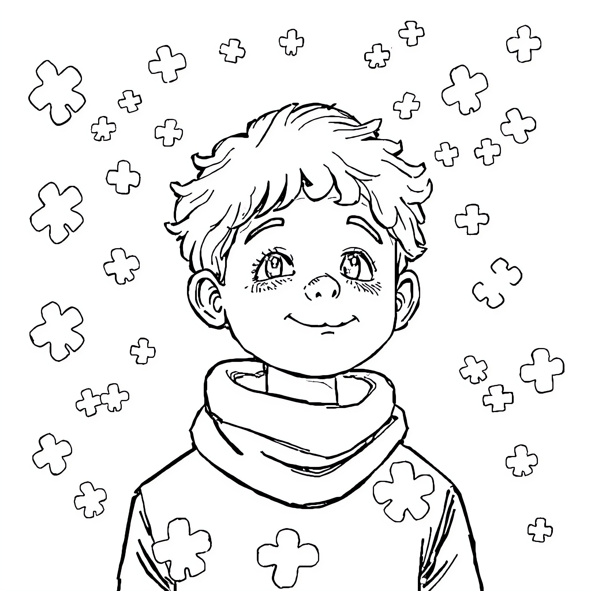 Autism: Smiling Boy Surrounded by Playful Shapes Coloring Page (free black-and-white line drawing printable PDF for all, from beginners to advanced learners, including children, teens, adults, and seniors)