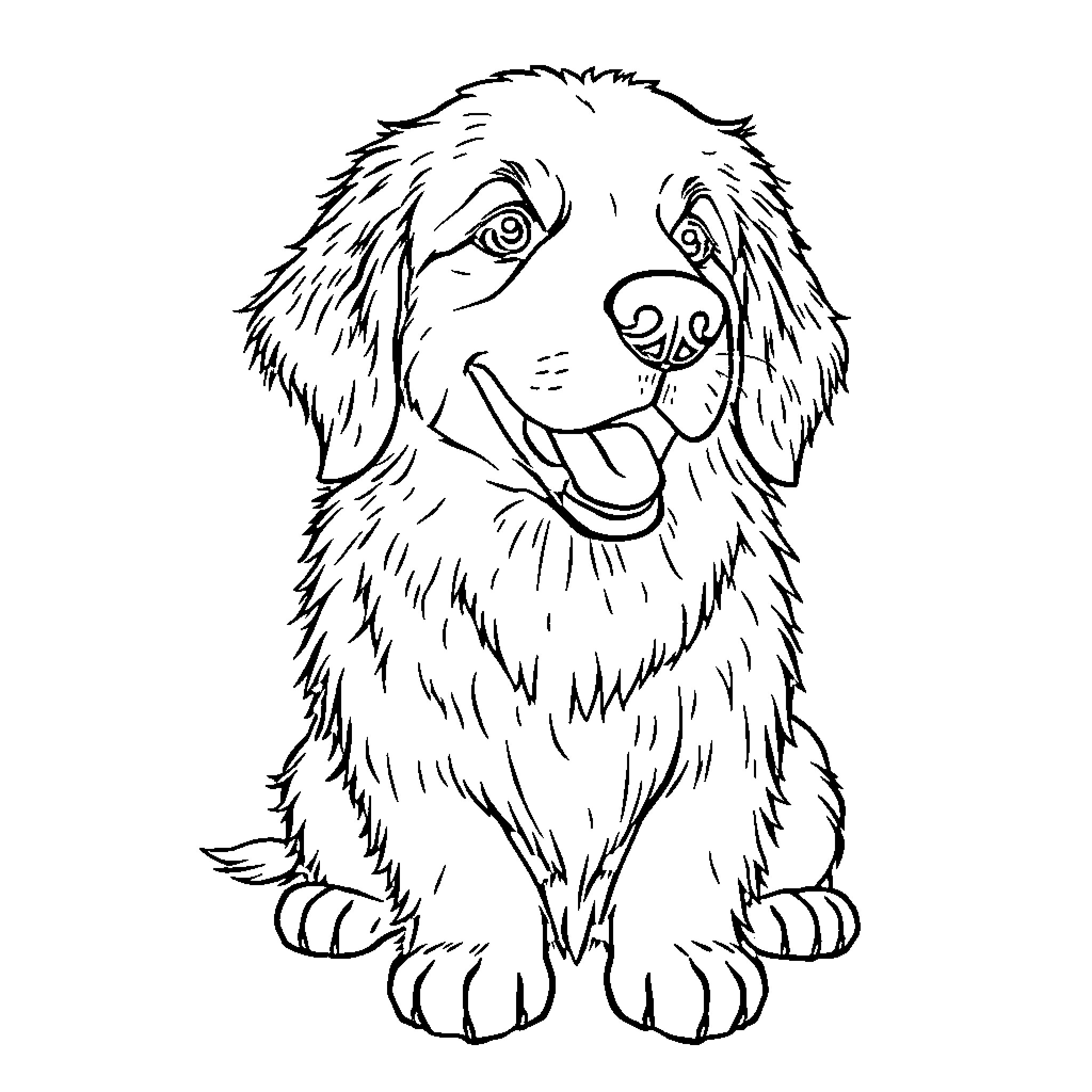 Golden Retriever Sitting and Smiling Coloring Page (free black-and-white line drawing printable PDF for all, from beginners to advanced learners, including children, teens, adults, and seniors)