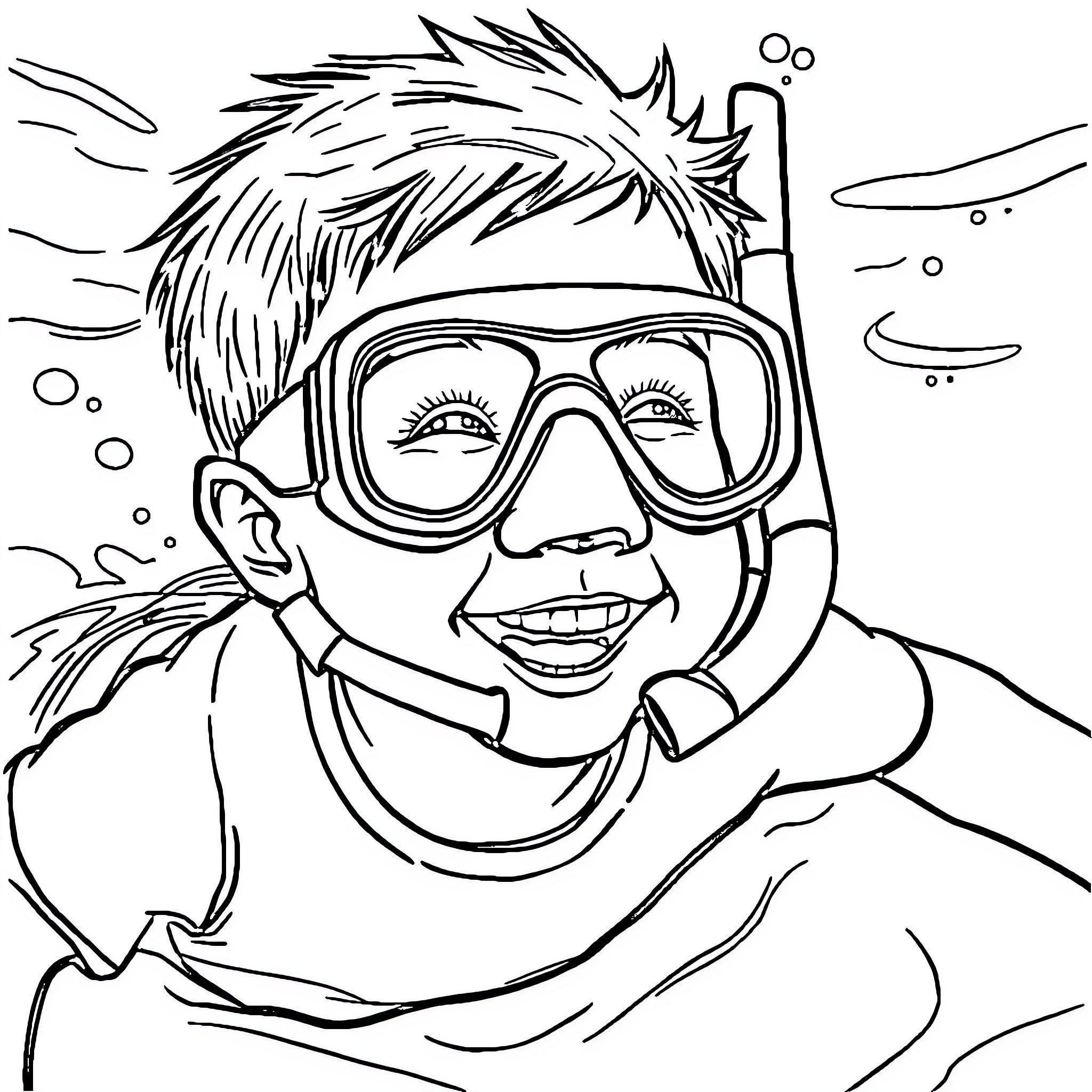 Boy snorkeling underwater with excitement Coloring Page (free black-and-white line drawing printable PDF for all, from beginners to advanced learners, including children, teens, adults, and seniors)