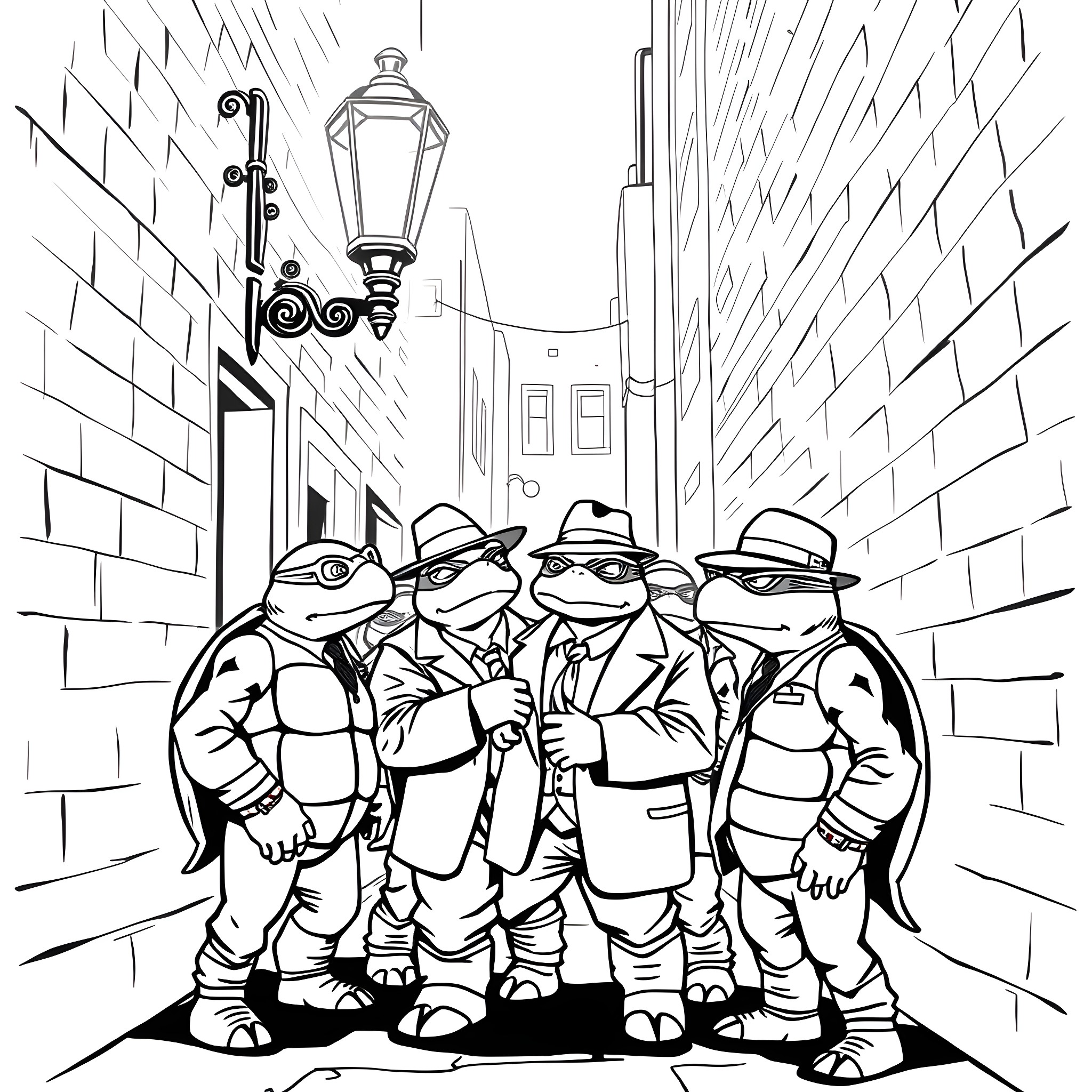 Turtles in Suits Strolling Down a Rainy Alley Coloring Page (free black-and-white line drawing printable PDF for all, from beginners to advanced learners, including children, teens, adults, and seniors)
