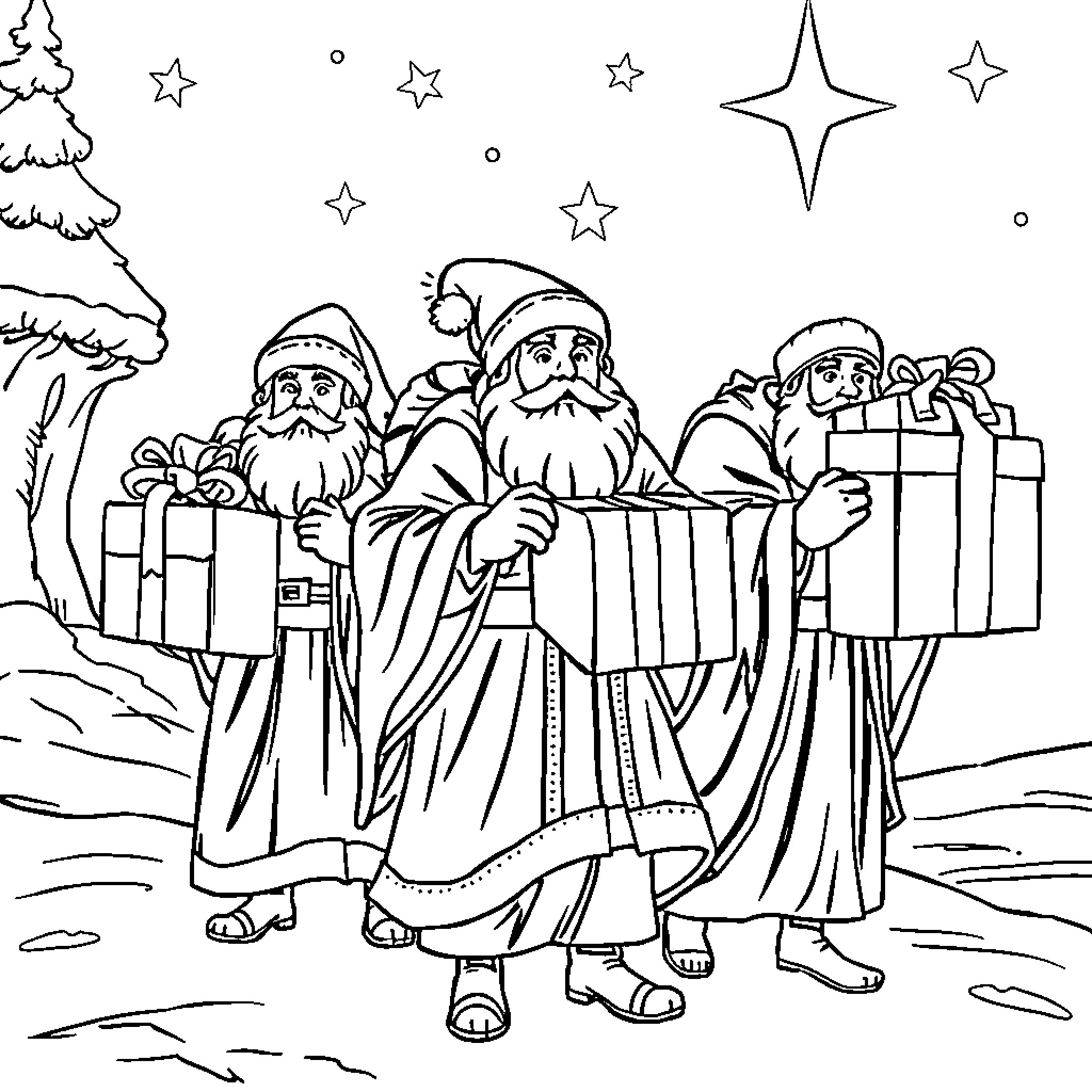 Rey Mago carrying gifts in the winter wonderland Coloring Page (free black-and-white line drawing printable PDF for all, from beginners to advanced learners, including children, teens, adults, and seniors)